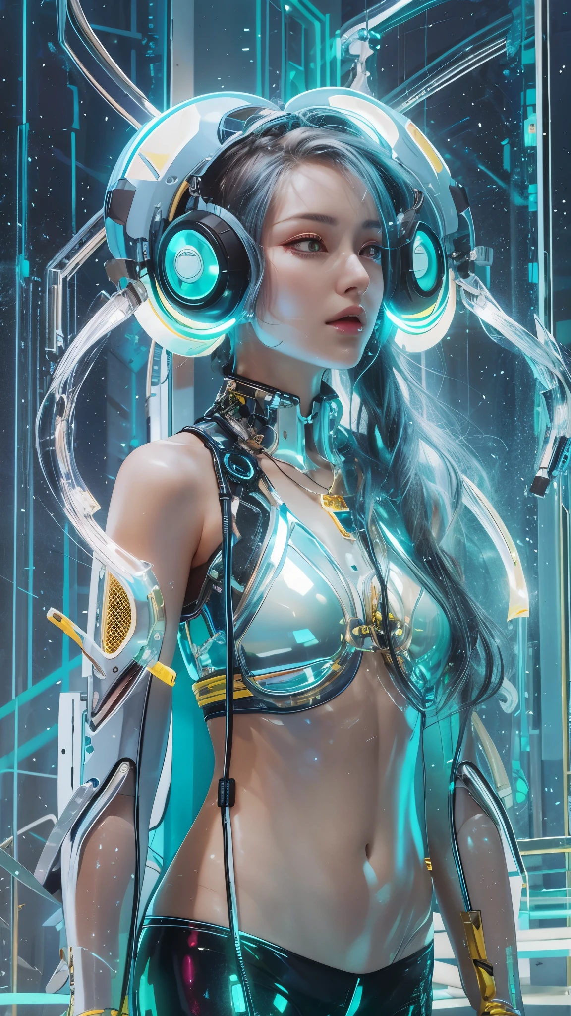 "A futuristic female cyborg with a beautiful, friendly face, designed for a lo-fi music YouTube channel background. She has long hair, large eyes, a high nose, and a wide mouth. Her body features visible mechanical elements, with sleek metal parts and glowing accents. Her proportions are perfect, highlighting her advanced design. She is engaging in various gestures, exuding warmth and relatability. The background is a futuristic setting that complements her advanced technology. The overall atmosphere is calm and inviting, ideal for a lo-fi music channel."