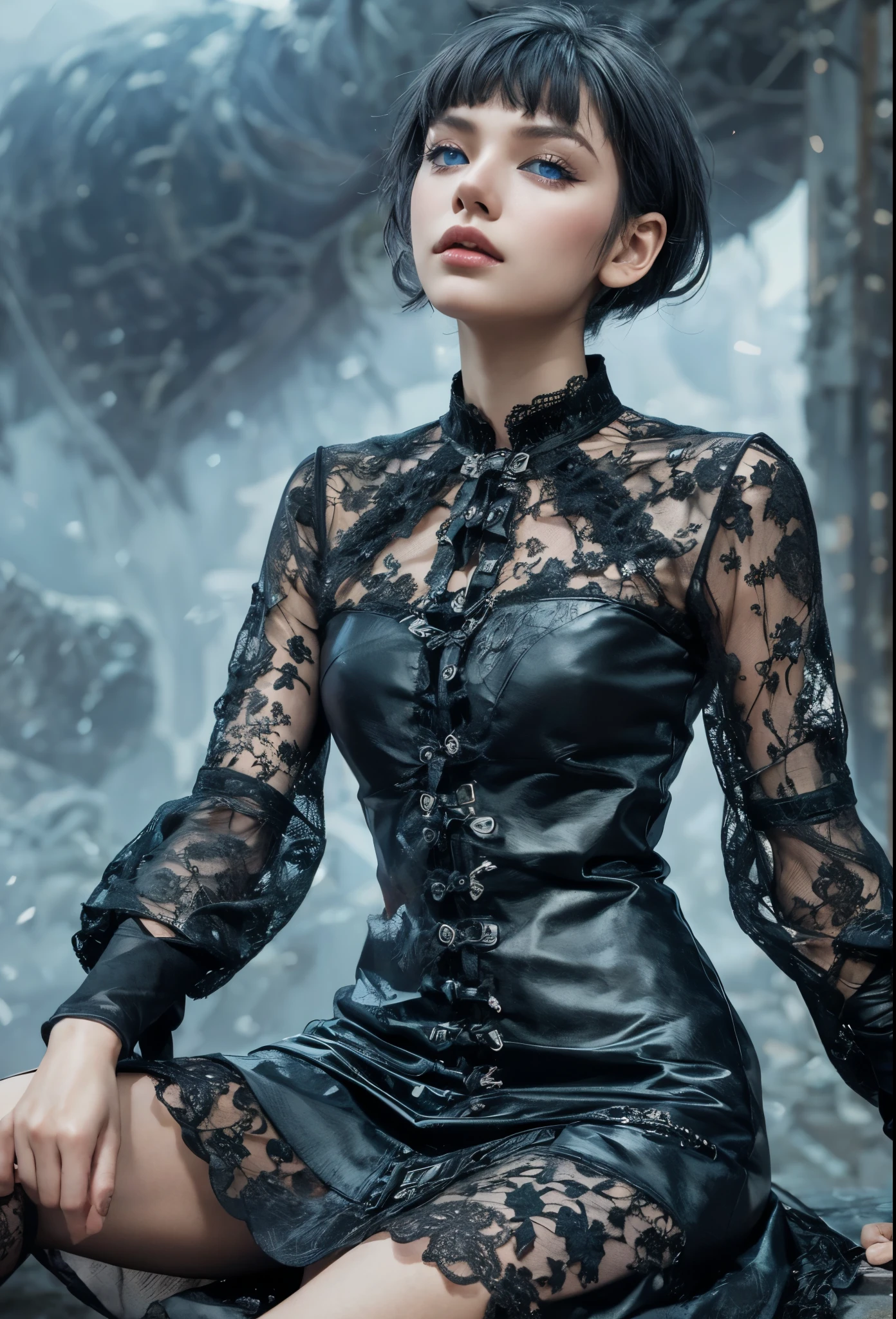 ultra detailed, beautiful, masterpiece, best quality, _ BREAK Beautiful and cute perfect model, Tightened all body, medium Breasts,  _ BREAK (short hair, _ BREAK Perfect geometric art to match fashion background, blurry background, Fog, mist, _ BREAK (all body shot, sitting and model pose:1.6), BREAK (Cyber punk dress, wide Sleeves:1.3), (black theme:1.3), (mandarin collar:1.2), (intricate patchwork of lace and leather:1.2), (triangular silhouette skirt:1.2), (gray hair, blue eyes:1.4),