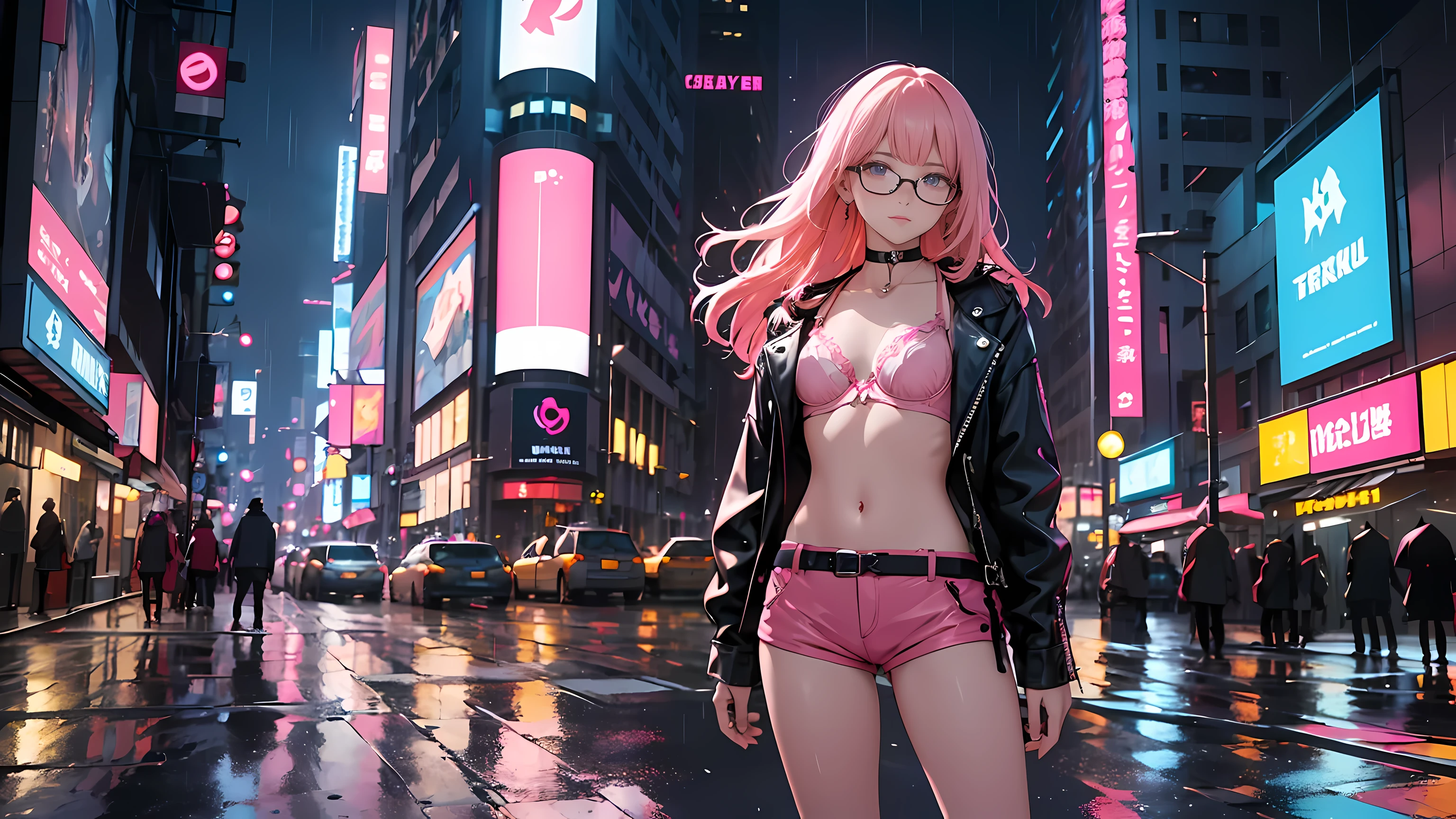 one beautiful girl, detailed beautiful hair, detailed beautiful eyes, long pink hair, glasses, small breasts, choker collar, loose unzipped leather jacket, pink bra, tight pink shorts, standing on sidewalk, evening, nighttime, night, city lights, big city, cyberpunk city, rain, soaking wet, standing, cowboy shot, cinematic lighting, dramatic lighting,