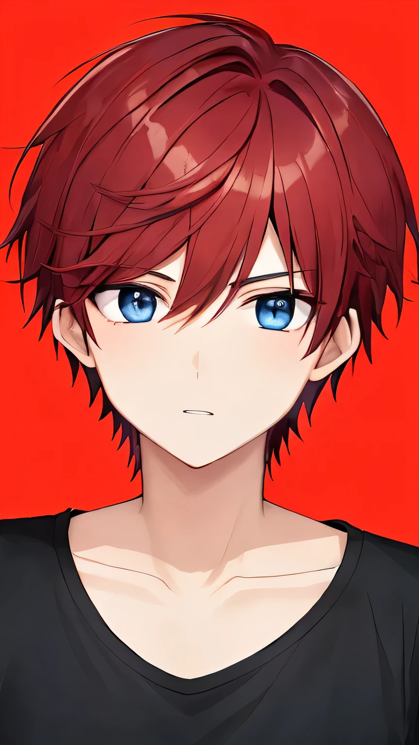 1male, short hair, red hair, blue eyes, black t-shirt, simple background