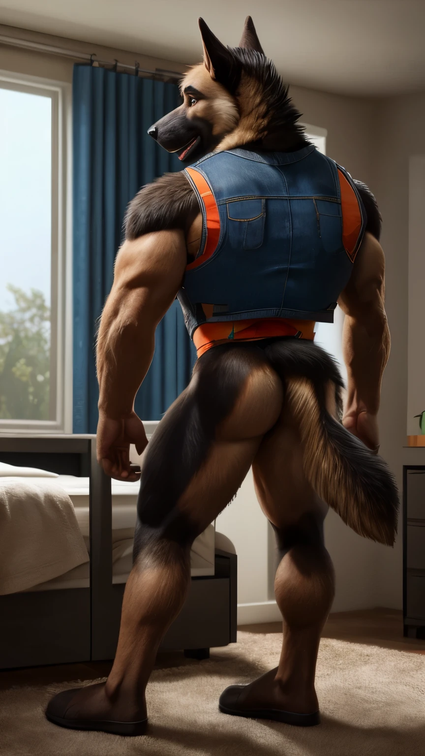anthropomorphic, German Shepard, muscular, bedroom, ass, ripped vest,