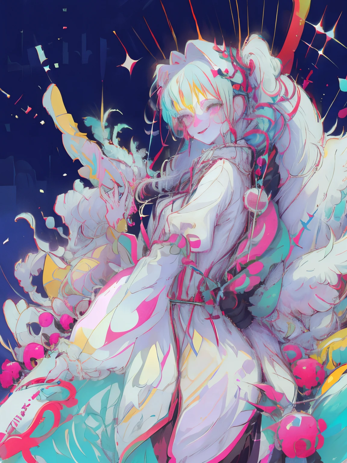 hightquality、Colorful color palette、high-level image quality, Girl, laughing, yandere, long intricate braid, lively