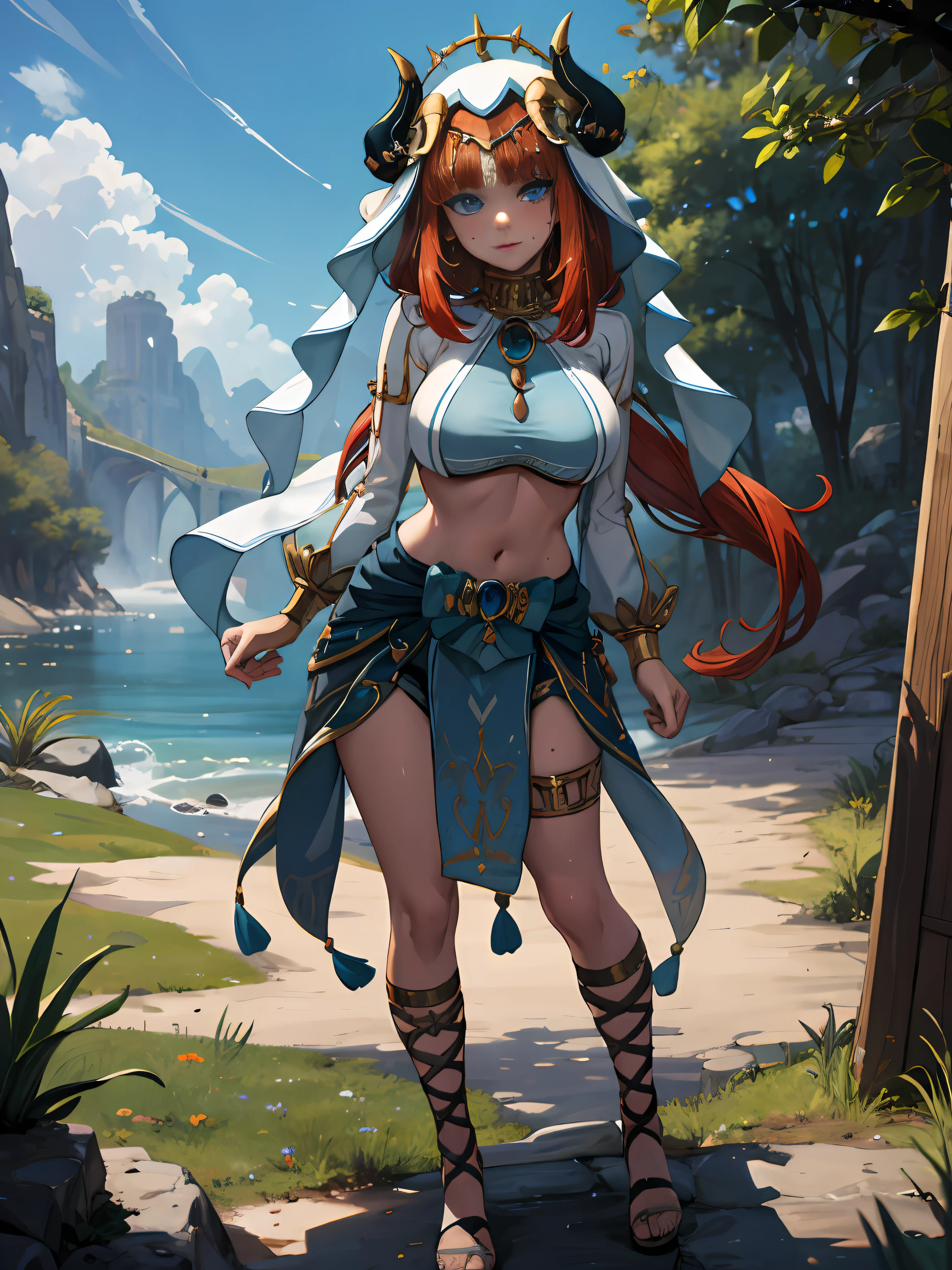 masterpiece, best quality, full-body shot, sweat, big breasts, Belly button visible, Super detailed, super detailed eyes, looking at the audience, Nilaudev, Outdoor activities, Permanently installed,