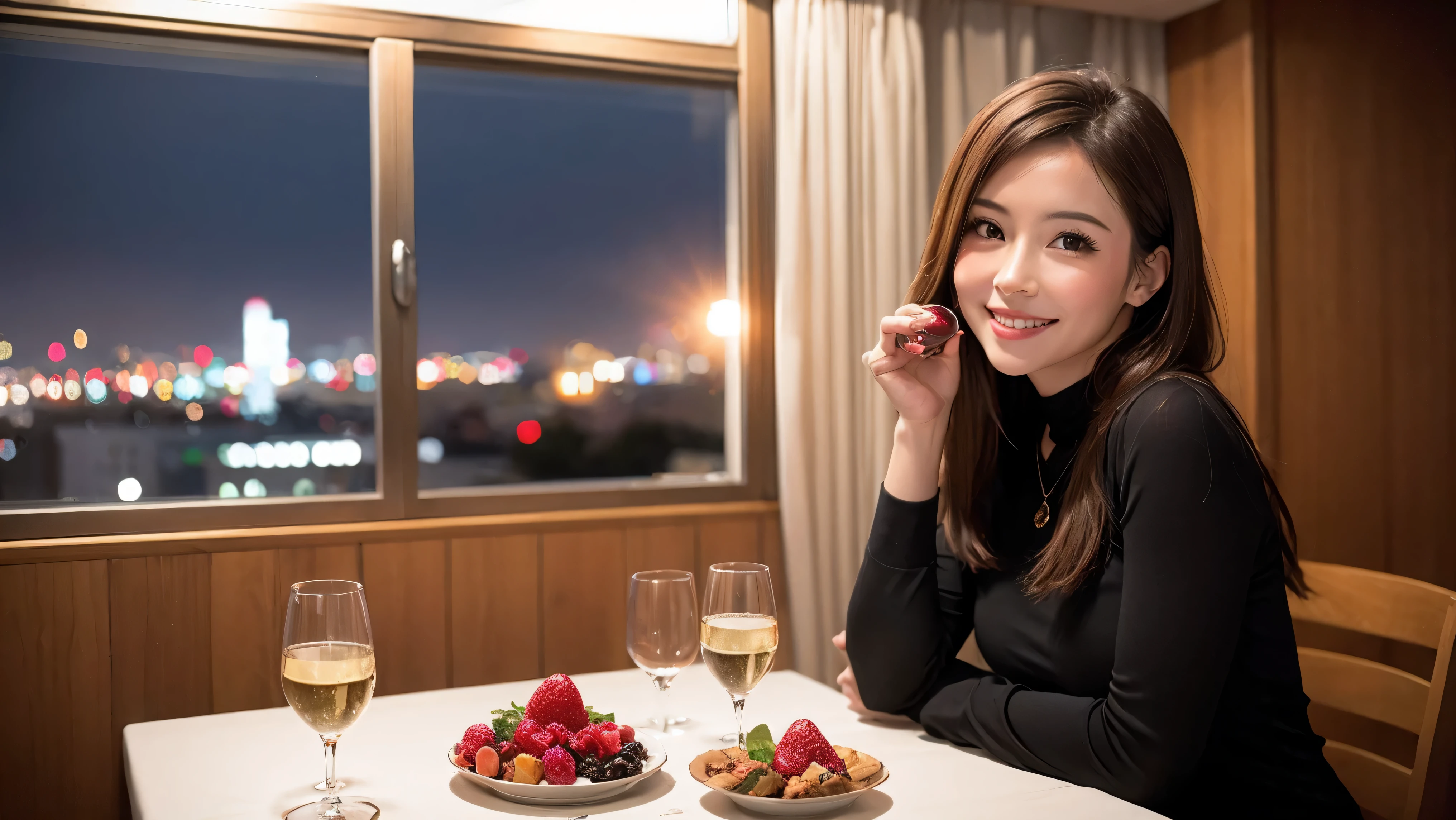 64k, Hmm, highest quality, masterpiece: 1.2), (realistic, photorealistic: 1.37), Spectacular view of the sunset sky and clouds、slimな美女3名, (slimフェイス),Happy、 最高なsmile、Fox face、Berry Short、(because I&#39;thin), (brown hair), (shortcut), long sleeve shirt、winter fashion、Columbia、Brazilian、Japanese、Dutch、German、Portuguese、Belgian、Italian、French,Champagne、sparkling wine、 (squirt), (slimボティ), (brown hair), (shortcut), neat beauty、cheeks turn a little red, (35 years old), 38 years old, alone, A beautiful and detailed night view spreads out outside the window....., restaurant, wine glassが座っている, At night, in a prominent place (from the Upper body) nova frog style, actress, model, Upper body, White wine, slim, wine glass, Very beautiful night view, wine glass Put in the Middle, Happy smile, (smile: 1.15), 
