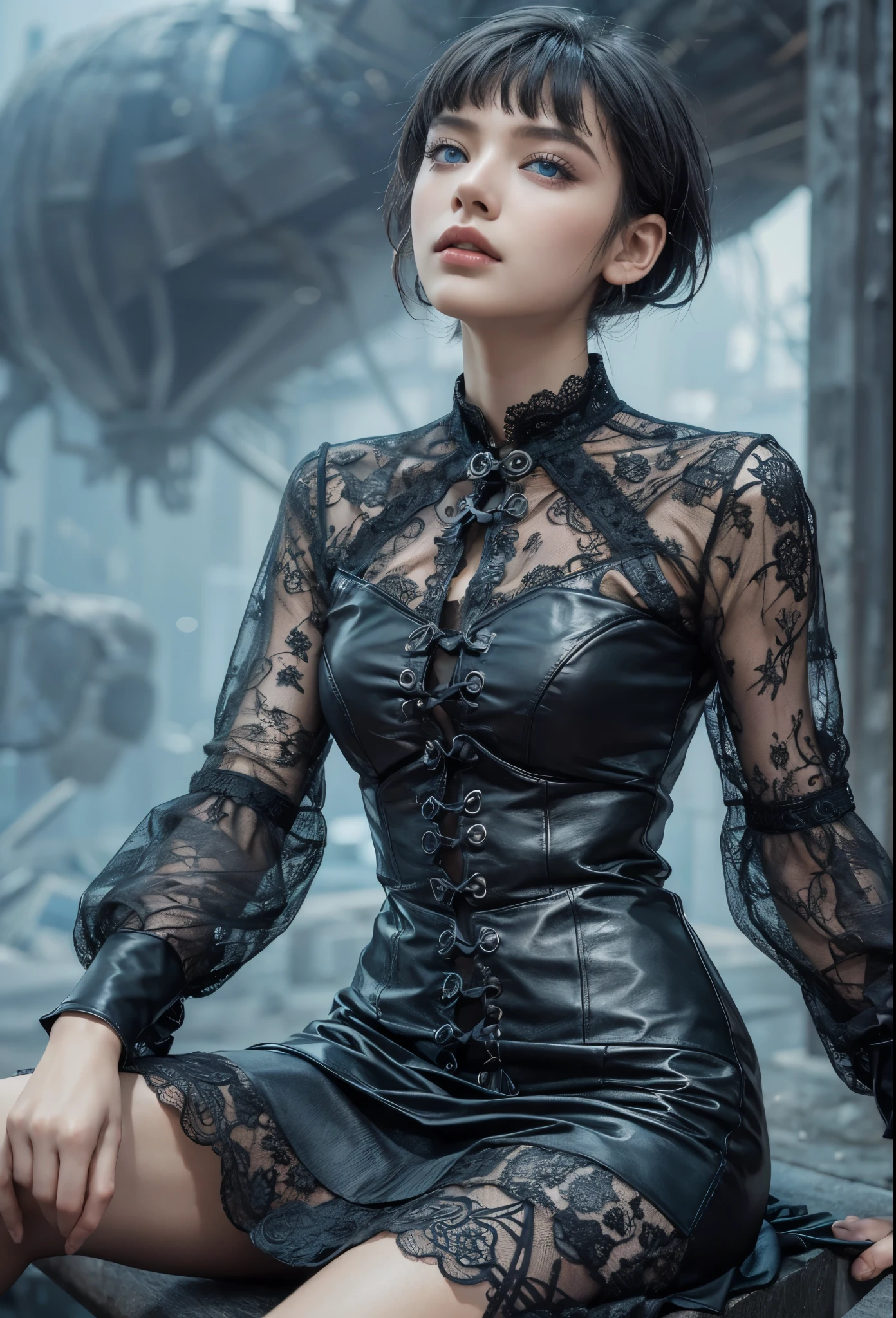 ultra detailed, beautiful, masterpiece, best quality, _ BREAK Beautiful and cute perfect model, Tightened all body, medium Breasts, _ BREAK (short hair, _ BREAK Perfect geometric art to match fashion background, blurry background, Fog, mist, _ BREAK (all body shot, sitting and model pose:1.6), BREAK (Cyber punk dress, wide Sleeves:1.3), (black theme:1.3), (mandarin collar:1.2), (intricate patchwork of lace and leather:1.2), (triangular silhouette skirt:1.2), (gray hair, shiny skin, blue eyes:1.2),