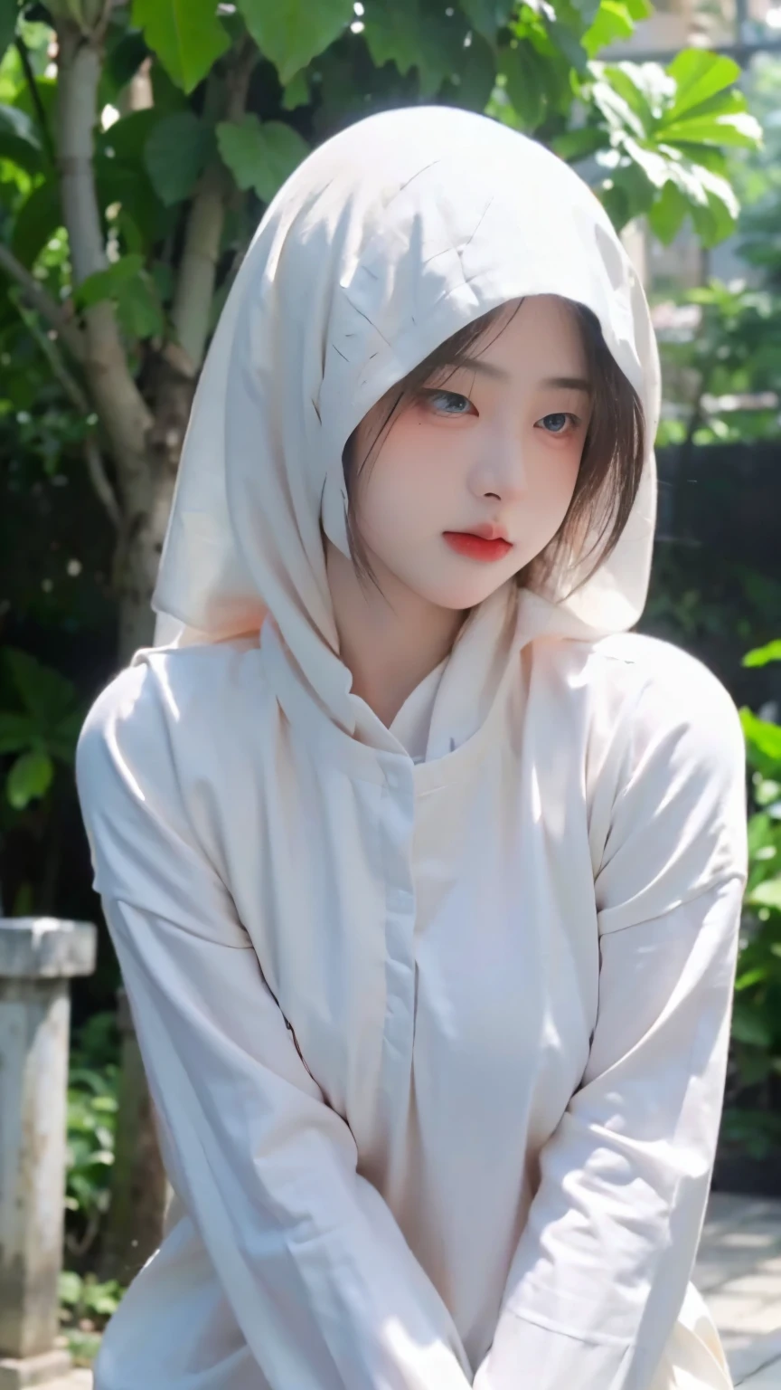 modern plain hijab, shy, full body, watery eyes ,droopy eyes, watery, lip glossy, sad face, ((big breast)), wearing balinese kebaya, flower garden background, bokeh background, proportional body, mid shot, black hijab, in mosque, jilbab, veil, hijab