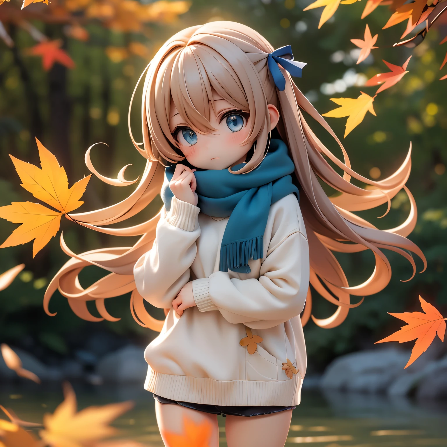 (masterpiece), best quality, Super detailed, illustration, warm light, soft light, bright colors, 1 girl, alone,( beautiful girl, long hair, blue eyes, ribbon, brown hair, hair between eyes, hair ribbon, side lock, very long hair, messy hair,) , autumn, many maple trees, maple leaf, golden leaves, autumn的树叶, dry leaves, river,  fresh air,  Peace, cool breeze , sweater weather,( Wear a white or brown sweater, red scarf, 喜怒无常的autumn, eager的, depressed, sad ,Worry, eager,)