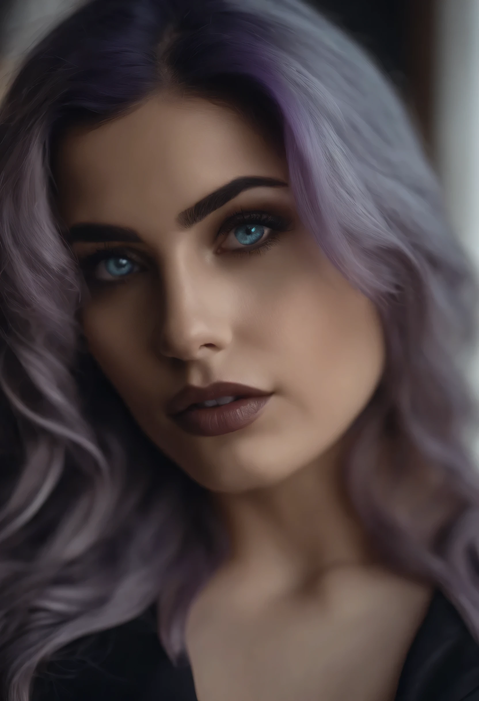 (Ultra Real), (Live Action), (High Resolution), (8K), (Very detailed), (Best photo), (Beautiful Detailed Eyes), (Best Quality), (Ultra Detailed), (Masterpiece), (Detailed Face), (Detailed Face), Solo 1 Goth Girl, blue and purple Wavy Hair,Heterochromic Eyes, Small moles under the eyes, laced black shirt,  Long legs, Tight abs, Camel toes, Dynamic Pose, naked , , big , gigantic , humongous ,