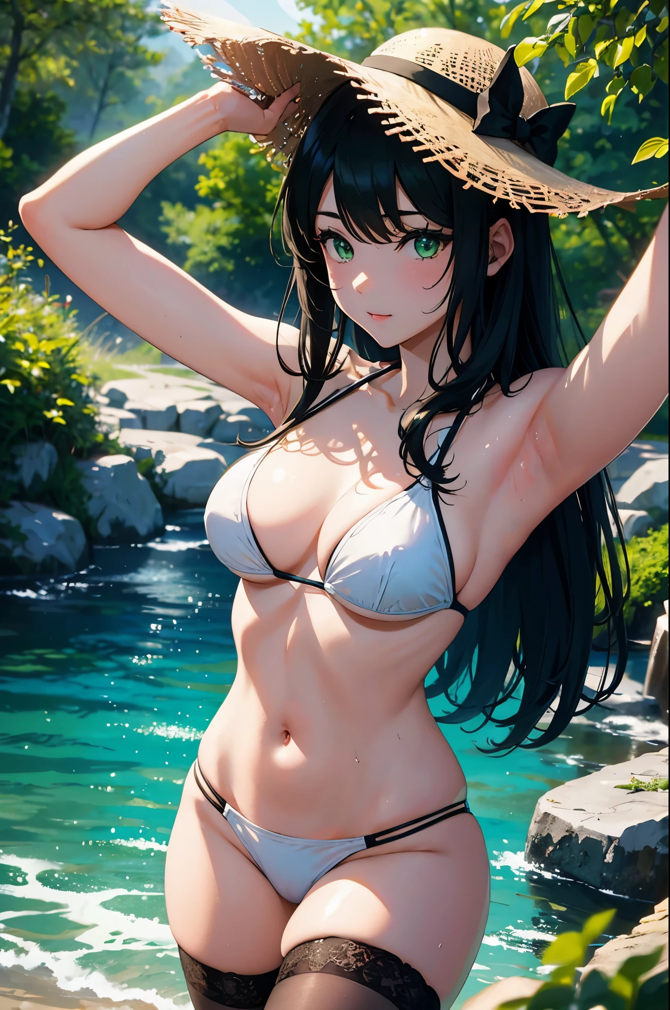 (masterpiece),4k, (ultra realistic), (best quality), (high detailed face),sexy, 1girl, a beautiful japanese girl taking selfie near the river, slim, long legs, (bikini), (flat chested), (black stocking), (green hair, green eyes), (profile view:1.4), (ultra detailed body), (ultra detailed hair), (high detailed hands), anime