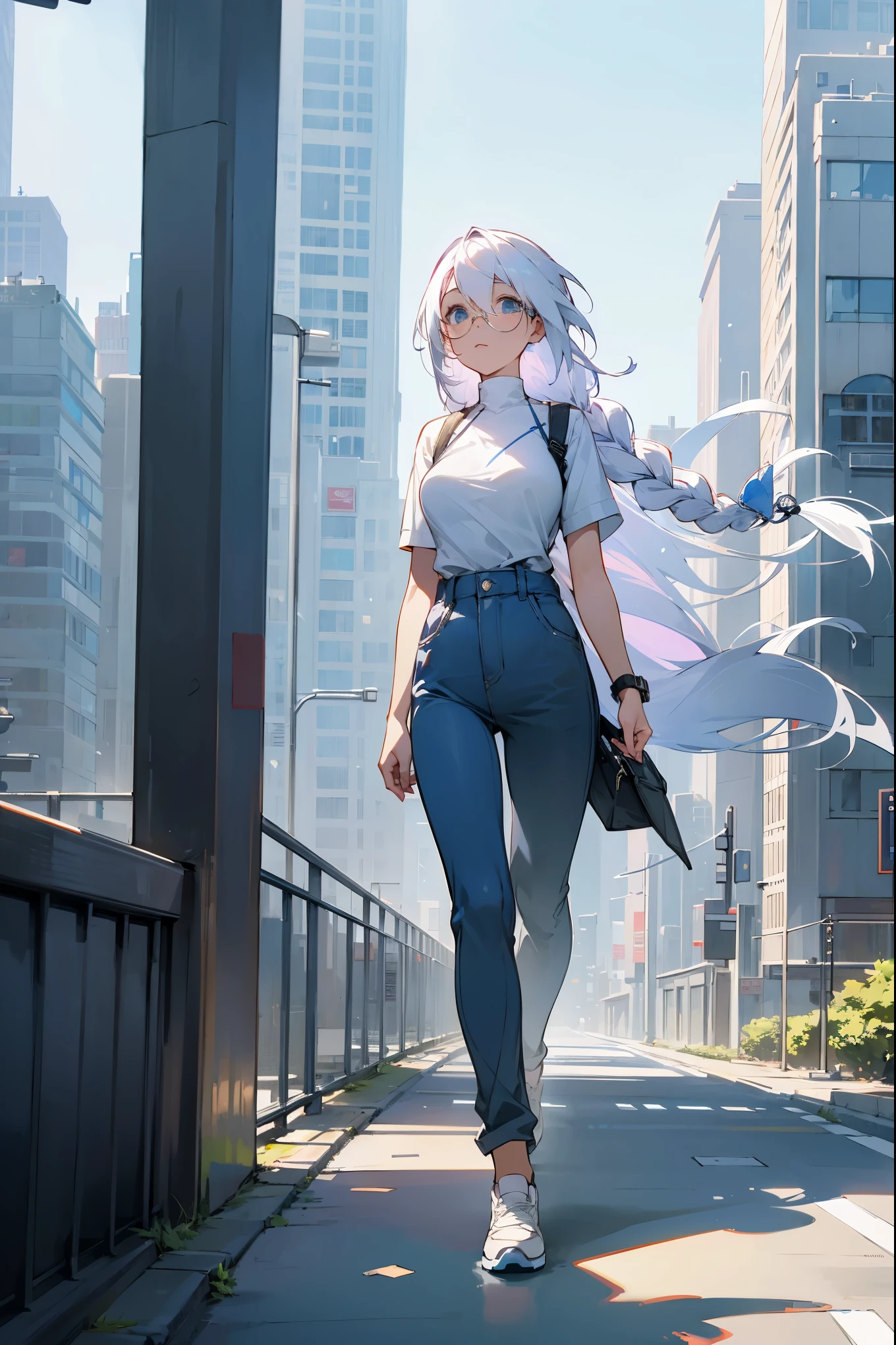 1female, white hair, blue tinted circle glasses, long braided hair, casual modern clothing, medium breasts, (((city background))), regular expression, day time, walking on path