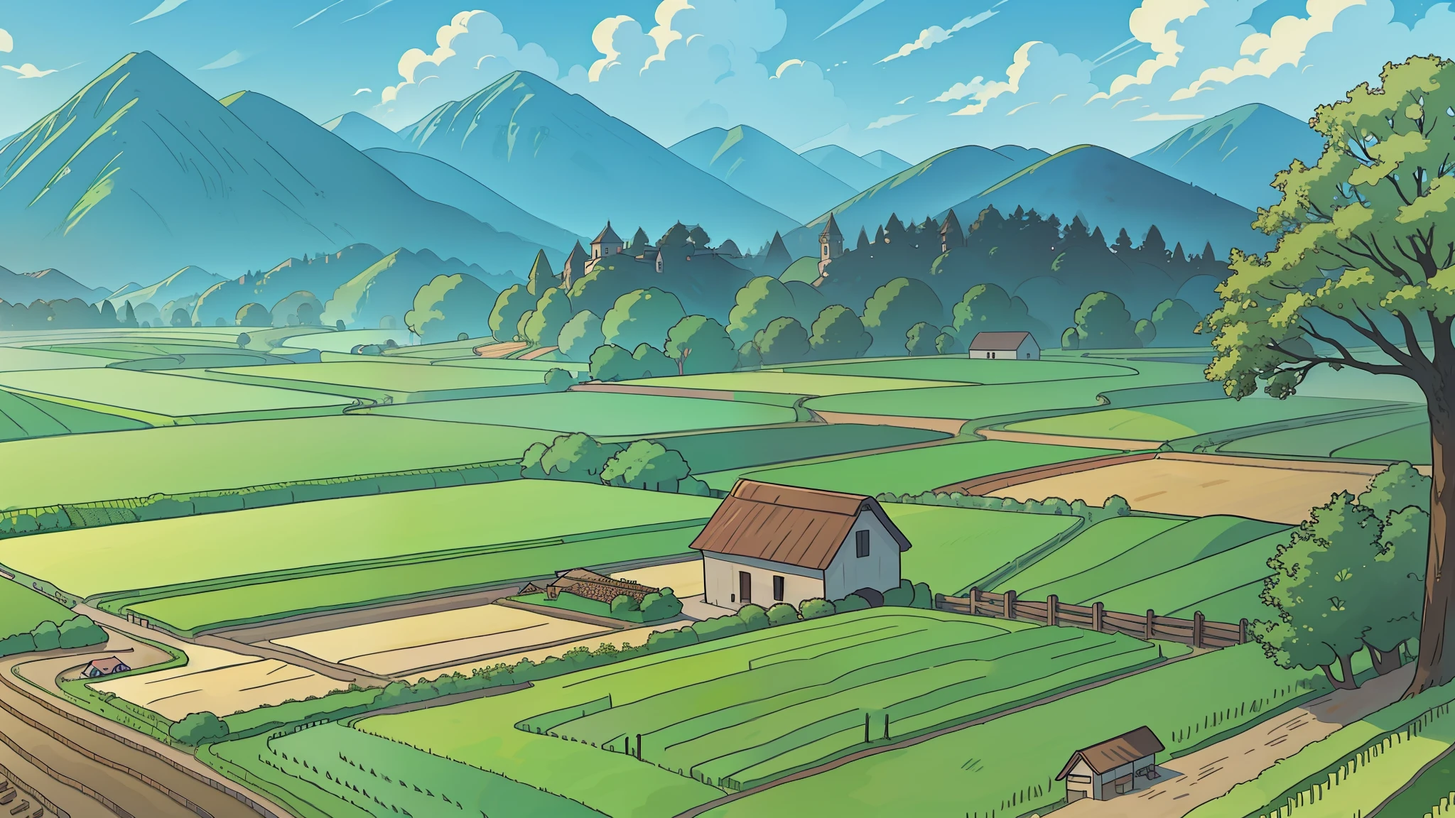 A farm, agricultural, rice fields, medival fantasy,no people in scene