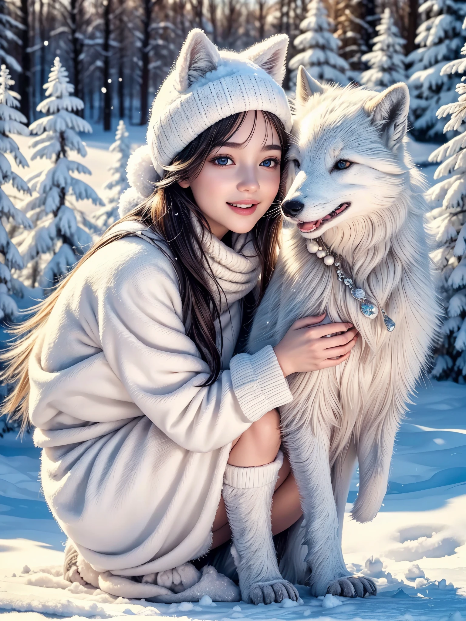 (best quality,4k,8k,highres,masterpiece:1.2),ultra-detailed,(realistic,photorealistic,photo-realistic:1.37),portrait,beautiful detailed eyes,beautiful detailed lips,extremely detailed face,long eyelashes,arctic fox,pure white fur,fluffy tail,playful girl,innocent smile,rosy cheeks,natural sunlight,soft and warm lighting,gentle winter breeze,winter wonderland,glistening snowflakes,white frost-covered trees,joyful laughter,sparkling eyes,childhood innocence,curiosity,colorful winter scarf and hat,cozy winter clothing,embrace of nature,playful interaction,friendly connection,expressive expressions,snow-covered ground,frosty breath,crunching footsteps,fairy-tale atmosphere,euphoric happiness,pure joy in her eyes,animal lover and protector,free-spirited nature,tender touch,love for all creatures,beautiful bond,harmony in nature,serene and peaceful setting,quiet serenity amidst winter,heartwarming moment,captivating charm,colorful magic in the air,imaginative play,unconditional love.