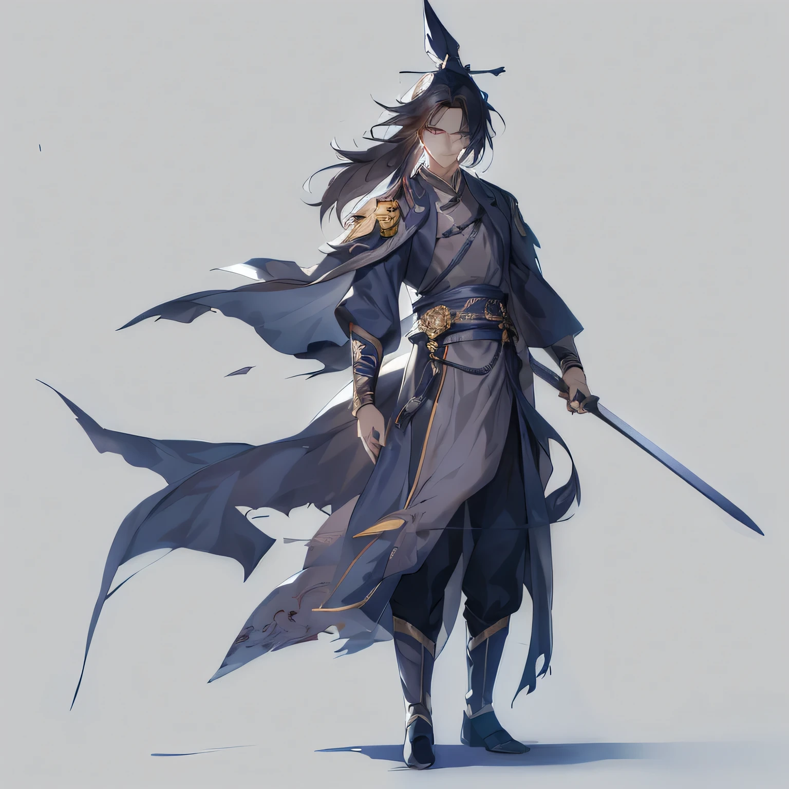 Chinese style handsome,whole body,front,simple background,Navy blue clothes,Sword in one hand,soft light,stubborn expression,clear eyes,Xian Xia,two-dimensional,stand,stationary,Rich in details,traditional clothing,Side light,Ultra-clear,