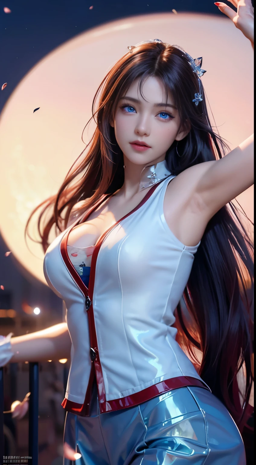 (logo, masterpiece, 8k, table top, RAW photo, wonderful, 最high quality, Photorealistic and hvery detailed CG integrated 8k wallpaper, high quality, very detailed, Narrative poem, particle effects, dynamic effects, written boundary depth, cinematic light, Lens flare, ray tracing)), fantasy, ((1 beautiful woman, clear blue eyes, red long hair, beautiful face, real face, beautiful detailed eyes, beautiful skin, woman dancing gracefully:1.7, woman dancing gracefully:1.7)), 長い赤い髪がWindでなびく, long red hair bounces, 長い赤い髪がWindで踊る, hair jump, halter neck, red leather pants, red leather jacket, silver earrings, ((night, Wind, darkness, full moon, night空, Wind, cherry blossoms, cherry blossomsの花びらが舞っている, cherry blossoms吹雪, falling petals, flying petals)), hip up