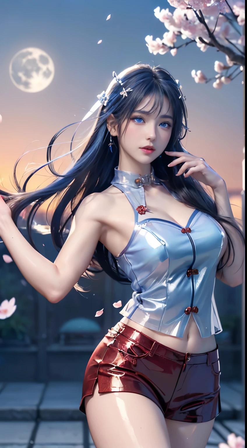 (Logo, masterpiece, 8K, On the table, RAW photos, wonderful, 最high quality, Photorealistic and hVery detailed CG integrated 8K wallpaper, high quality, Very detailed, Narrative Poems, Particle Effects, dynamic effect, Written border depth, light, lens flare, Ray Tracing)), fantasy, ((1 beautiful woman, Clear blue eyes, 赤いLong hair, Pretty Face, serious, Beautiful and delicate eyes, Beautiful skin, Woman dancing gracefully:1.7, Woman dancing gracefully:1.7)), 長い赤い髪がwindでなびく, 长长的红hair jump动, 長い赤い髪がwindで踊る, hair jump, camisole, Red leather pants, Red leather jacket, Silver earrings, ((night, wind, dark, Full Moon, night空, wind, Cherry blossoms, Cherry blossomsの花びらが舞っている, Cherry blossoms吹雪, Falling Flowers, Flying petals)), Hips up, beautiful eyes, Long hair, ringed eyes, Jewelry, Tattoo, Hanfu, Chinese Fairy, Taoist costumes