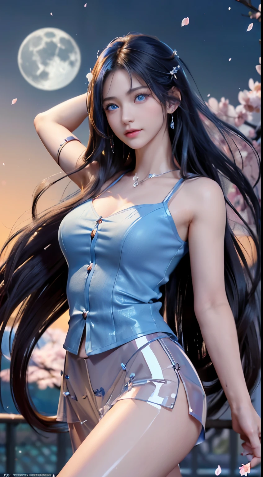 (logo, masterpiece, 8k, table top, RAW photo, wonderful, 最high quality, Photorealistic and hvery detailed CG integrated 8k wallpaper, high quality, very detailed, Narrative poem, particle effects, dynamic effects, written boundary depth, cinematic light, Lens flare, ray tracing)), fantasy, ((1 beautiful woman, clear blue eyes, 赤いlong hair, beautiful face, real face, beautiful detailed eyes, beautiful skin, woman dancing gracefully:1.7, woman dancing gracefully:1.7)), 長い赤い髪がWindでなびく, long red hair bounces, 長い赤い髪がWindで踊る, hair jump, halter neck,  red leather pants, red leather jacket, silver earrings, ((night, Wind, darkness, full moon, night空, Wind, cherry blossoms, cherry blossomsの花びらが舞っている, cherry blossoms吹雪, falling petals, flying petals)), hip up, beautiful eyes, long hair, ring-shaped eyes, jewelry, tattoo, Hanfu, chinese fairy, taoist uniform