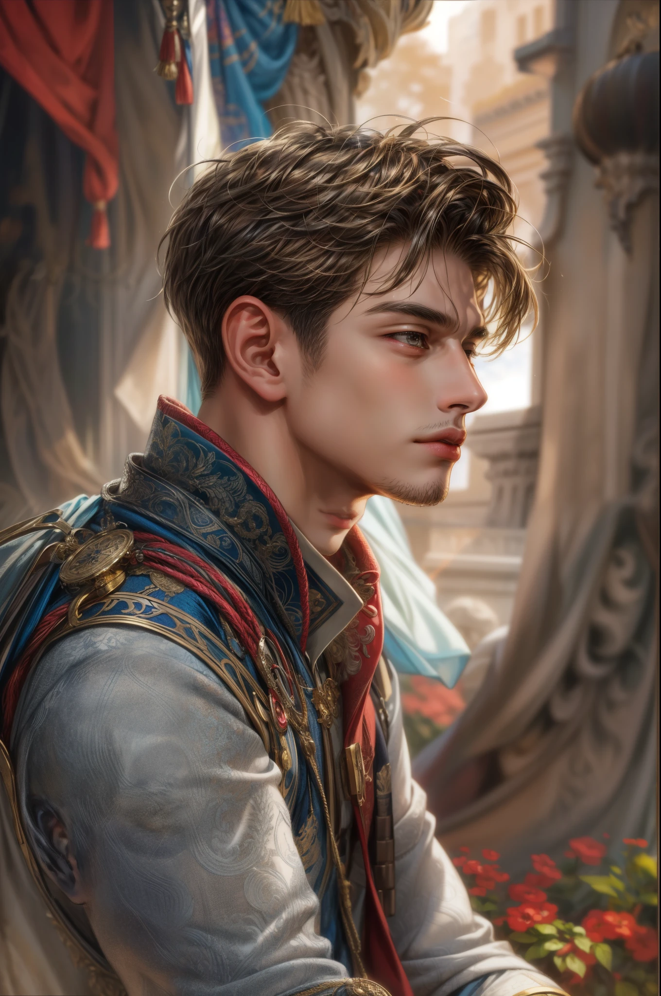 masterpiece, best quality, half body shot of a boy, young handsome boy, character from Marvel, intricate face details, face focus, handsome face, detailed scenery bg