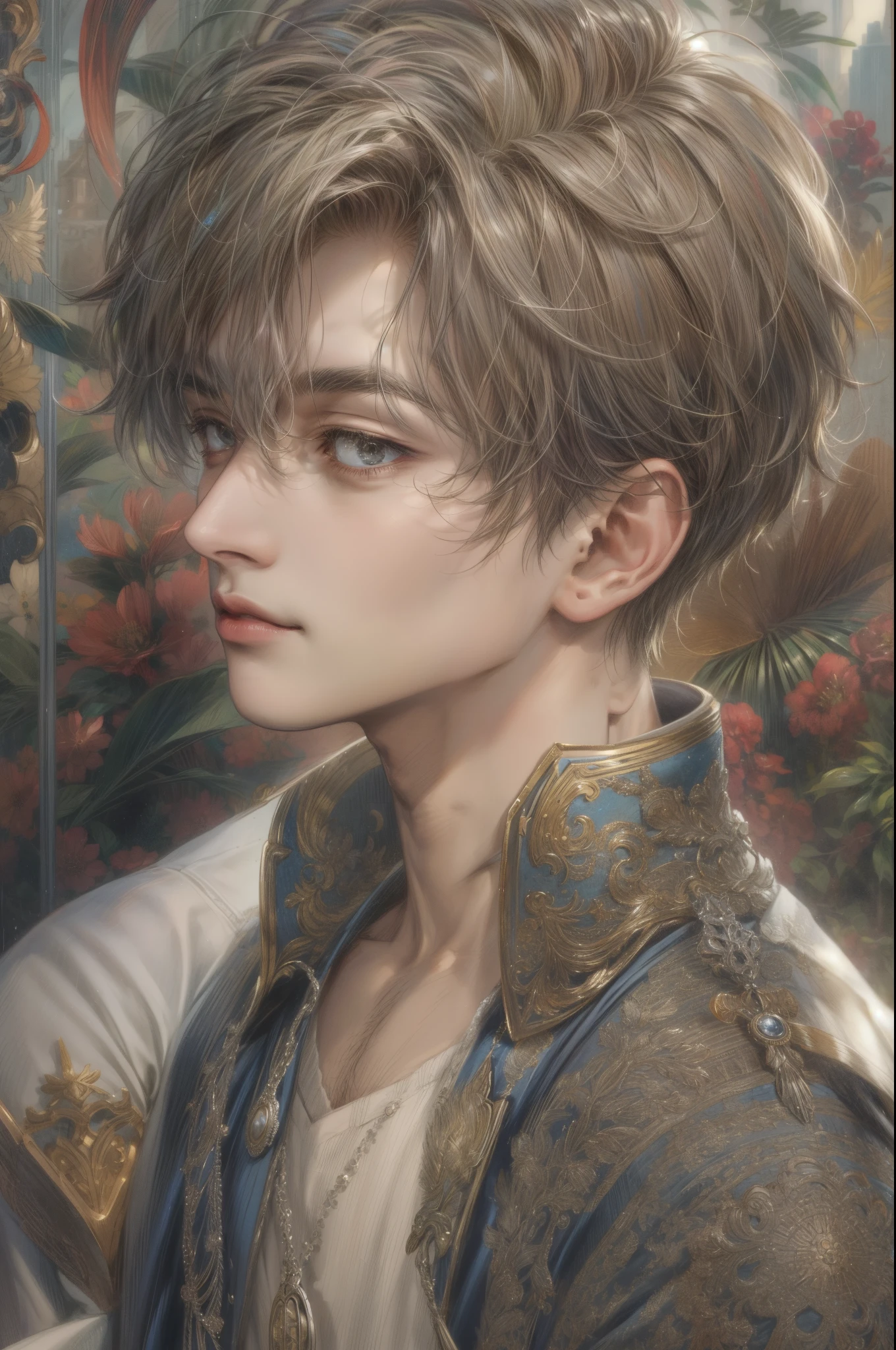 masterpiece, best quality, half body shot of a boy, young handsome boy, character from Marvel, intricate face details, face focus, handsome face, detailed scenery bg