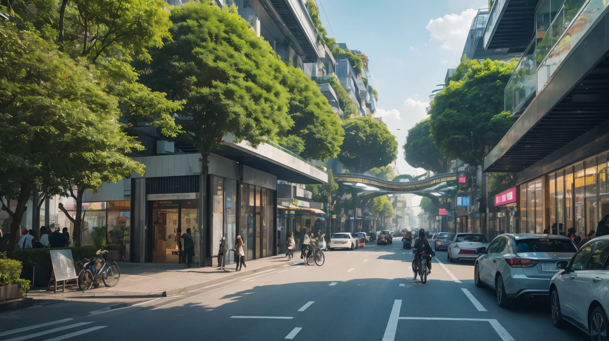 In the heart of a futuristic green city, the vibrant hues of lush greenery and advanced architectural structures converge in a breathtaking tableau. Building facades, adorned with luscious vegetation and sculpted in sleek lines, soar towards the sky. The streets bustle with the hum of advanced technology, intermingling with the gentle rustling of leaves. Solar panels and wind turbines dot the rooftops, generating clean energy for this eco-conscious urban wonderland. Pedestrians, clad in futuristic attire, glide effortlessly along neon-lit pathways. The city's inhabitants move about their daily lives