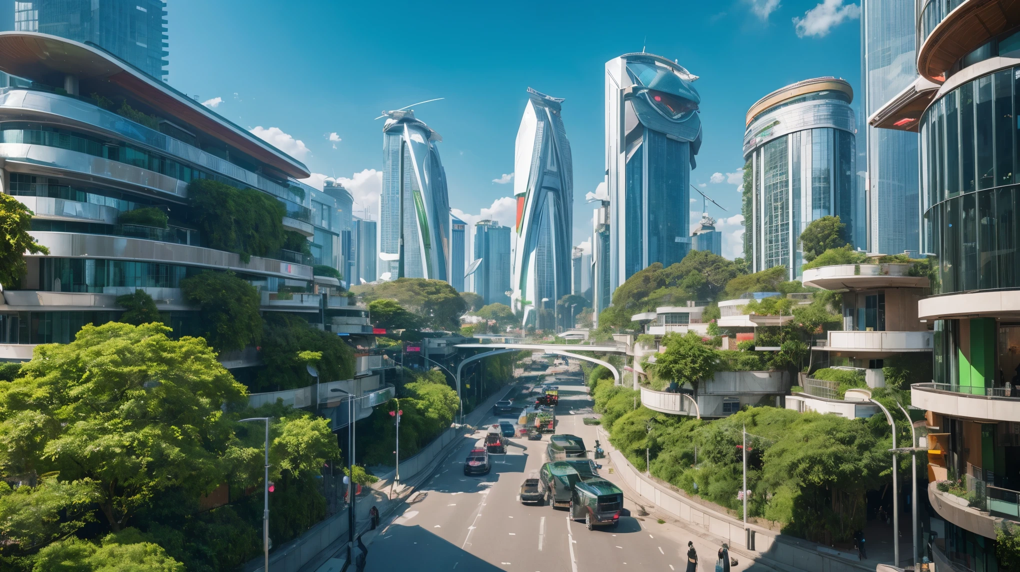 In the heart of a futuristic green city, the vibrant hues of lush greenery and advanced architectural structures converge in a breathtaking tableau. Building facades, adorned with luscious vegetation and sculpted in sleek lines, soar towards the sky. The streets bustle with the hum of advanced technology, intermingling with the gentle rustling of leaves. Solar panels and wind turbines dot the rooftops, generating clean energy for this eco-conscious urban wonderland. Pedestrians, clad in futuristic attire, glide effortlessly along neon-lit pathways. The city's inhabitants move about their daily lives