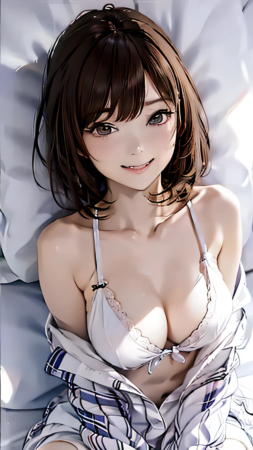 (((white shirt over naked ))), (((The front is fully open with the buttons unbuttoned.))), ((show off your nipples )), ((see-through shirt)), (masterpiece), high quality,Not NSFW, genuine, 15 year old beautiful girl just like the photo, (((sleeping in bed))), (looking at the girl from directly above the bed), ((( bottomless)))、((( white lace panties))), looking at camera, black hair, bangs, Fair skin, thin eyebrows, bob hair, big breasts, A presence that is out of this world, shy smile
