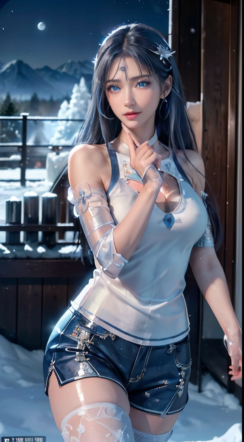 (logo, masterpiece, 8k, table top, RAW photo, wonderful, 最high quality, Photorealistic and hvery detailed CG integrated 8k wallpaper, high quality, very detailed, Narrative poem, particle effects, dynamic effects, written boundary depth, cinematic light, Lens flare, ray tracing)), fantasy, ((1 beautiful woman, clear blue eyes, 赤いlong hair, beautiful face, real face, beautiful detailed eyes, beautiful skin, woman dancing gracefully:1.7, woman dancing gracefully:1.7)), 長い赤い髪がWindでなびく, long red hair bounces, 長い赤い髪がWindで踊る, hair jump, halter neck, red leather pants, red leather jacket, silver earrings, ((night, Wind, darkness, full moon, night空, 雪とhoarfrost, very cold winter day, snow-capped mountainや森, hoarfrost, snow-capped mountain々, The beauty and brilliance of frost-covered trees, The tranquility and beauty of a world of ice and snow)), hip up, beautiful eyes, long hair, ring-shaped eyes, jewelry