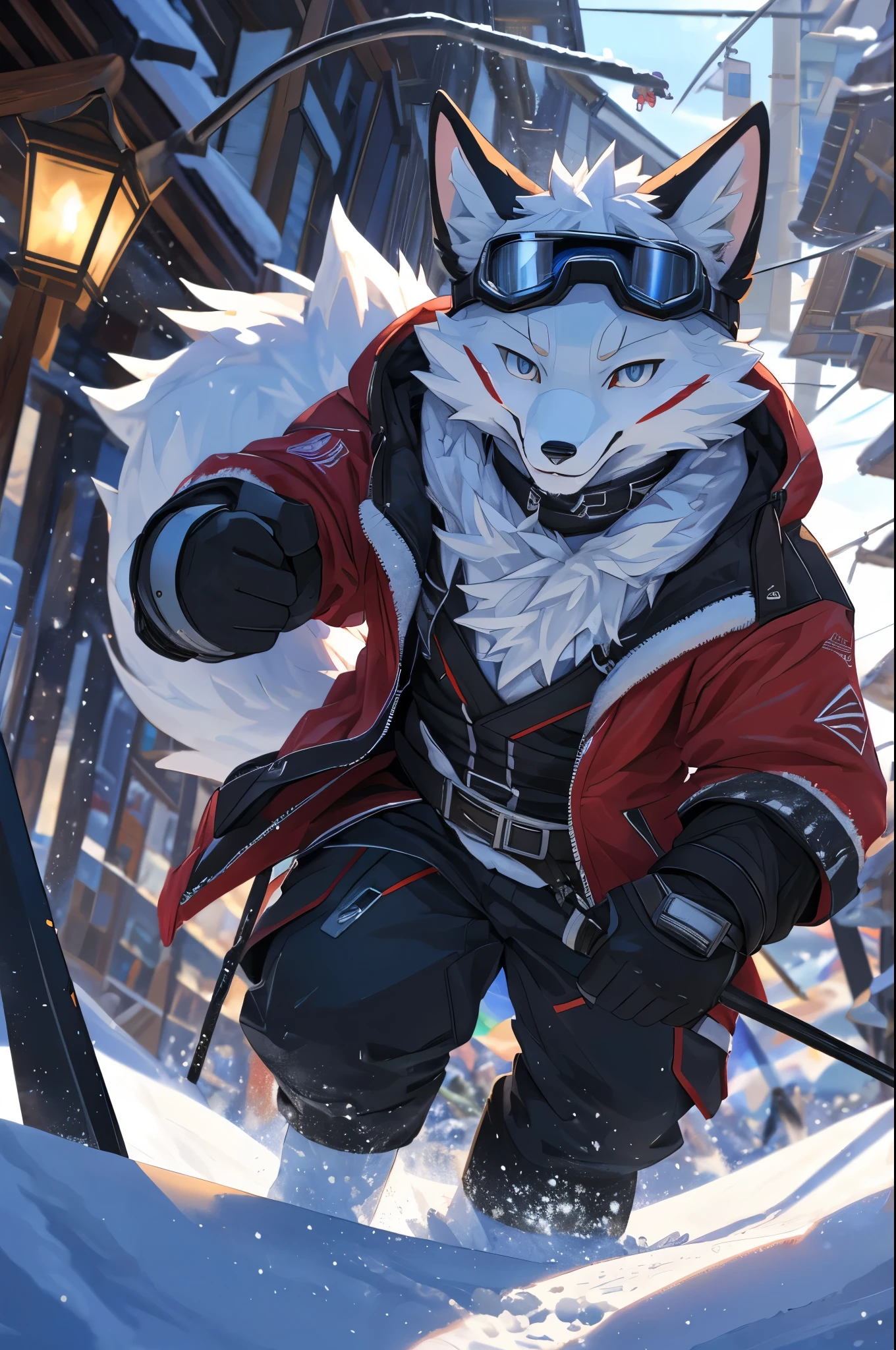 Anthro((dramatic))epic, dynamic pose, One scene of movie, An extreme perspective with a powerful composition, absurdres, Perfect Anatomy, magnificent picture of kemono fighting fierce battles, (ultra detailed), sharp focus, niji, eyesgod, black eye, furry, (white fur:1.5), anthro (artic fox), male, -agedil, ski outfit, ski goggles, white fluffy winter jacket, ultra detailed face, depth of field, motion blur, high details, high quality, award winning, HD, 16k, (best quality,4k,8k,highres,masterpiece:1.2),ultra-detailed,realistic:1.37,HDR,UHD,studio lighting,extreme detail description,professional,vivid colors,bokeh,lively atmosphere, natural lighting, smile, at the Snowy places (close up:1.5), looking at viewer, (ski:1.4), (solo:1.2)