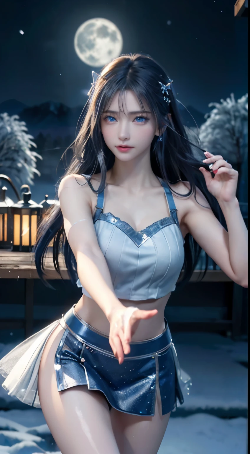 (logo, masterpiece, 8k, table top, RAW photo, wonderful, 最high quality, Photorealistic and hvery detailed CG integrated 8k wallpaper, high quality, very detailed, Narrative poem, particle effects, dynamic effects, written boundary depth, cinematic light, Lens flare, ray tracing)), fantasy, ((1 beautiful woman, clear blue eyes, 赤いlong hair, beautiful face, real face, beautiful detailed eyes, beautiful skin, woman dancing gracefully:1.7, woman dancing gracefully:1.7)), 長い赤い髪がWindでなびく, long red hair bounces, 長い赤い髪がWindで踊る, hair jump, jewelry, tattoo, Hanfu, chinese fairy, taoist uniform, silver earrings, ((night, Wind, darkness, full moon, night空, 雪とhoarfrost, very cold winter day, snow-capped mountainや森, hoarfrost, snow-capped mountain々, The beauty and brilliance of frost-covered trees, The tranquility and beauty of a world of ice and snow)), hip up, beautiful eyes, long hair, ring-shaped eyes