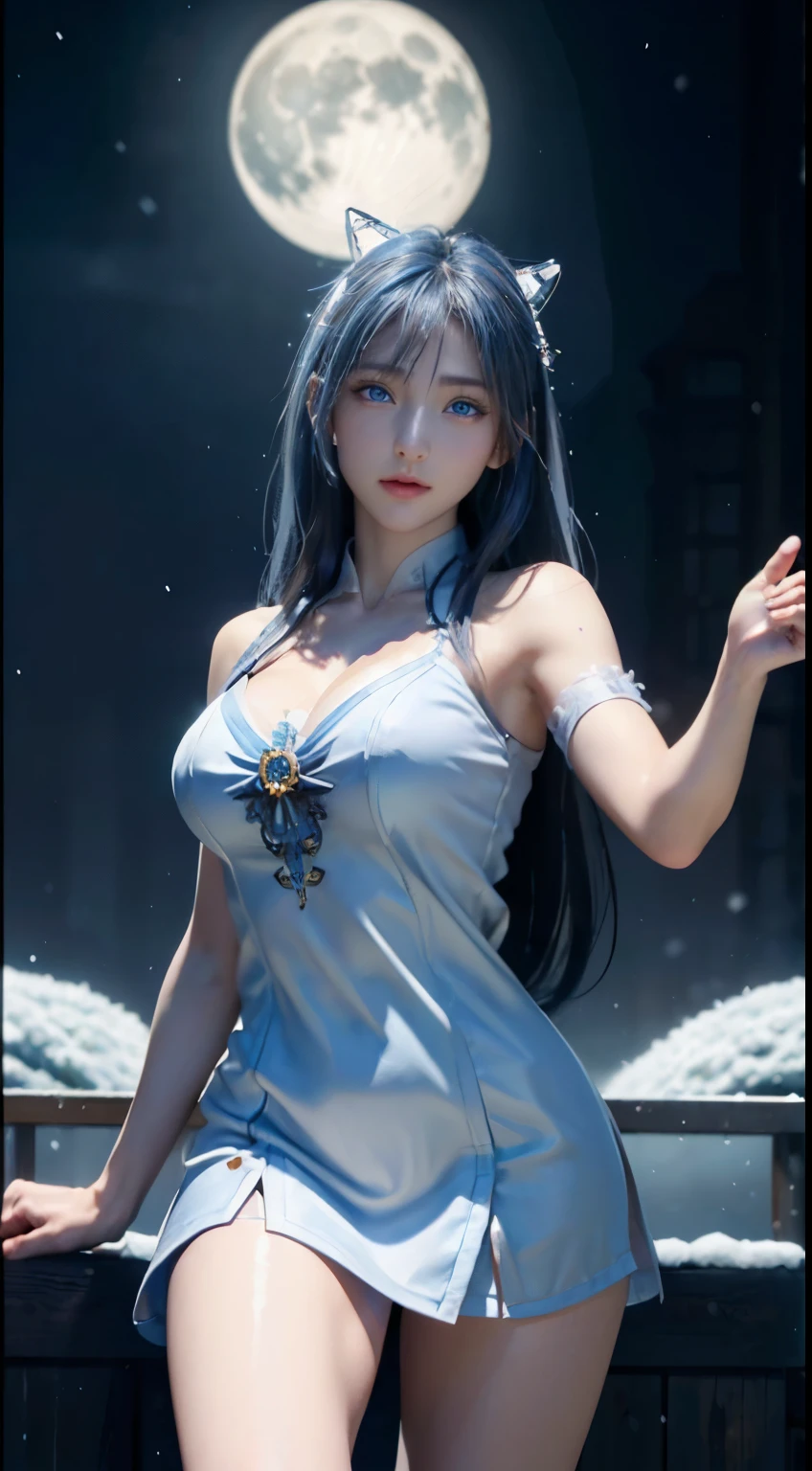 (logo, masterpiece, 8k, table top, RAW photo, wonderful, 最high quality, Photorealistic and hvery detailed CG integrated 8k wallpaper, high quality, very detailed, Narrative poem, particle effects, dynamic effects, written boundary depth, cinematic light, Lens flare, ray tracing)), fantasy, ((1 beautiful woman, clear blue eyes, 赤いlong hair, beautiful face, real face, beautiful detailed eyes, beautiful skin, woman dancing gracefully:1.7, woman dancing gracefully:1.7)), 長い赤い髪がWindでなびく, long red hair bounces, 長い赤い髪がWindで踊る, hair jump, jewelry, tattoo, Hanfu, chinese fairy, taoist uniform, silver earrings, ((night, Wind, darkness, full moon, night空, 雪とhoarfrost, very cold winter day, snow-capped mountainや森, hoarfrost, snow-capped mountain々, The beauty and brilliance of frost-covered trees, The tranquility and beauty of a world of ice and snow)), hip up, beautiful eyes, long hair, ring-shaped eyes