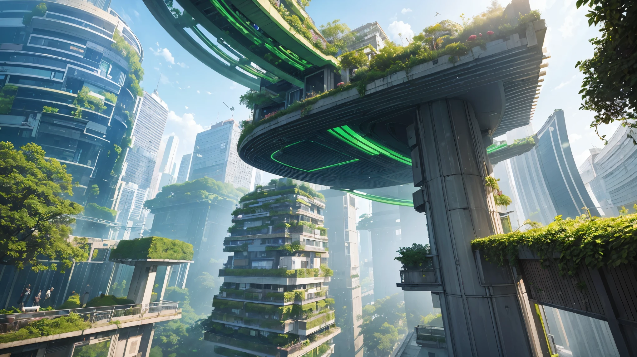 In the heart of a futuristic green city, the vibrant hues of lush greenery and advanced architectural structures converge in a breathtaking tableau. Building facades, adorned with luscious vegetation and sculpted in sleek lines, soar towards the sky. The streets bustle with the hum of advanced technology, intermingling with the gentle rustling of leaves. Solar panels and wind turbines dot the rooftops, generating clean energy for this eco-conscious urban wonderland. Pedestrians, clad in futuristic attire, glide effortlessly along neon-lit pathways. The city's inhabitants move about their daily lives