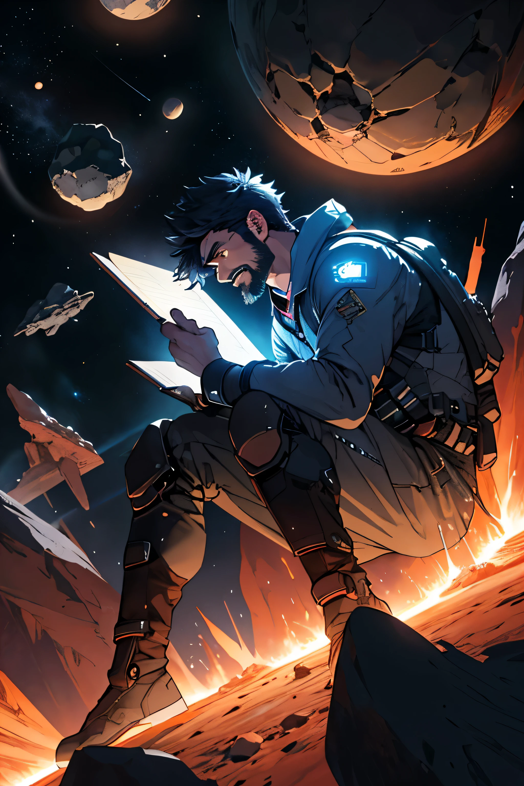 Draw a young programmer, sitting on a research platform floating in the middle of an asteroid belt. He is studying with a notebook, surrounded by several asteroids glowing with fiery auras. Dramatic lighting from distant stars and planets illuminates the scene, casting deep shadows on the suit. The young man looks confident and determined, looking at the vast and mysterious universe with wonder and respect,facial hair, cowboy shot,