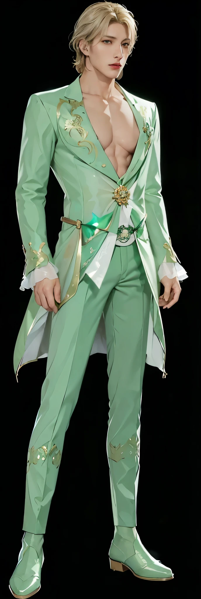 Close-up of a man wearing a green suit and green pants, full body details,Elf Prince, Put on your dreamy formal attire, vergil from devil may cry, Exquisite androgynous prince, ((Wearing noble robes)), Full body close-up, vergil, clear clothing design, Sea green and white dress, official character art, beautiful androgynous prince, Upper body clothing translucent material, Full body immersion