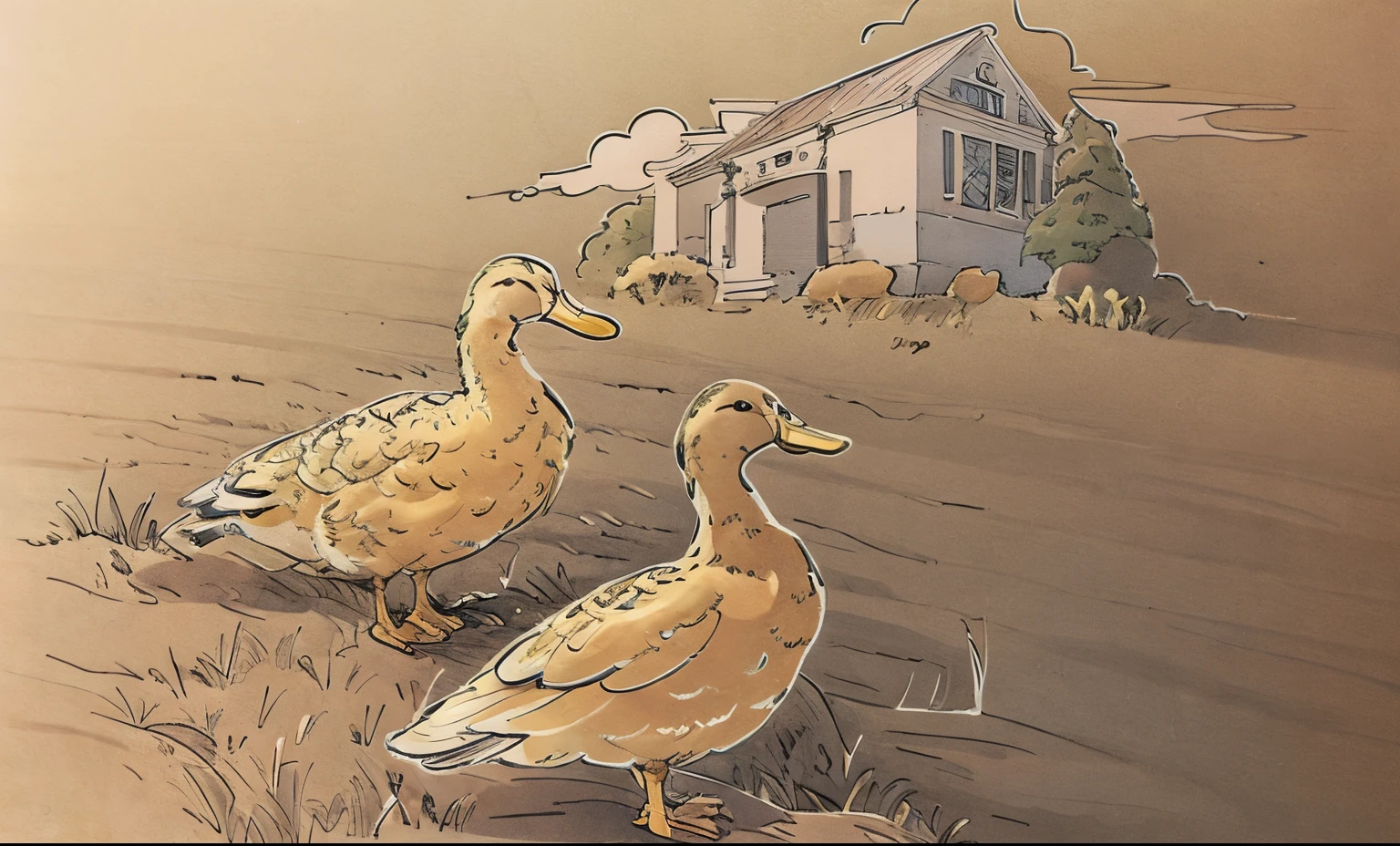 coloring pages of Duck and Duck in front of a house, 一只Duck的插图, Duck, Detailed duck, Coloring book page, an illustration of, Line art, by Jacob Duck, Very detailed illustrations, Coloring book outline, Full page illustration, line art, Highly detailed illustrations, an illustration, Simple explanation, inspired by Jacob Duck, linear graph, coloring pages