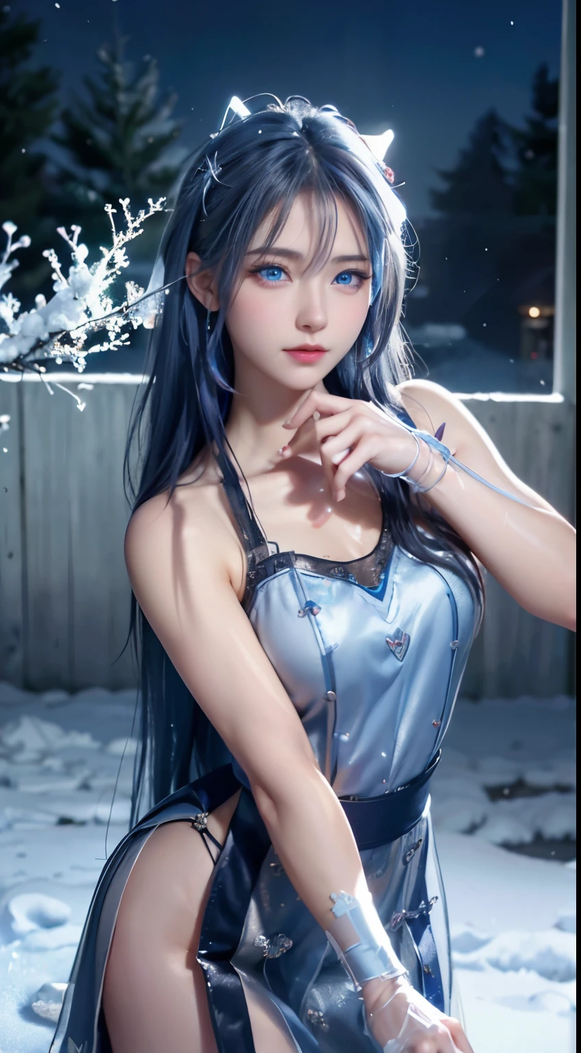 (logo, masterpiece, 8k, table top, RAW photo, wonderful, 最high quality, Photorealistic and hvery detailed CG integrated 8k wallpaper, high quality, very detailed, Narrative poem, particle effects, dynamic effects, written boundary depth, cinematic light, Lens flare, ray tracing)), fantasy, ((1 beautiful woman, clear blue eyes, 赤いlong hair, beautiful face, real face, beautiful detailed eyes, beautiful skin, woman dancing gracefully:1.7, woman dancing gracefully:1.7)), 長い赤い髪がWindでなびく, long red hair bounces, 長い赤い髪がWindで踊る, hair jump, jewelry, tattoo, Hanfu, chinese fairy, taoist uniform, silver earrings, ((night, Wind, darkness, full moon, night空, 雪とhoarfrost, very cold winter day, snow-capped mountainや森, hoarfrost, snow-capped mountain々, The beauty and brilliance of frost-covered trees, The tranquility and beauty of a world of ice and snow)), hip up, beautiful eyes, long hair, ring-shaped eyes