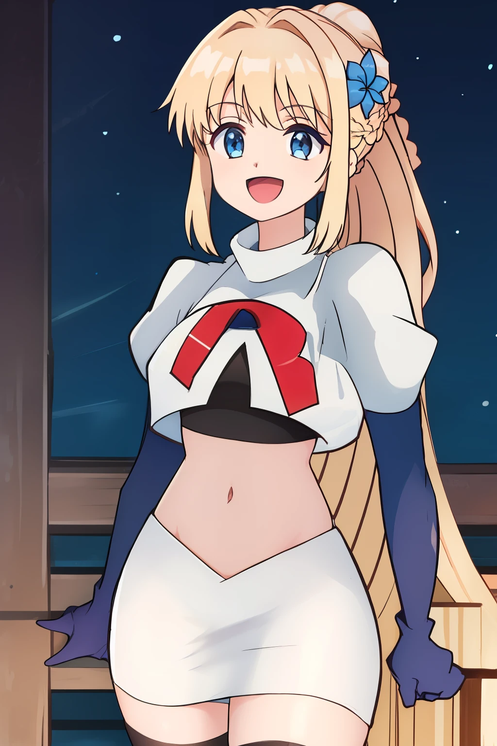 luna, 1girl, solo, long_hair, bangs, blue_eyes, blonde_hair, hair_ornament, ponytail, braid, flower, :d, hair_flower, blue_flower, team rocket,team rocket uniform, red letter R, white skirt,white crop top,black thigh-highs ,black elbow gloves