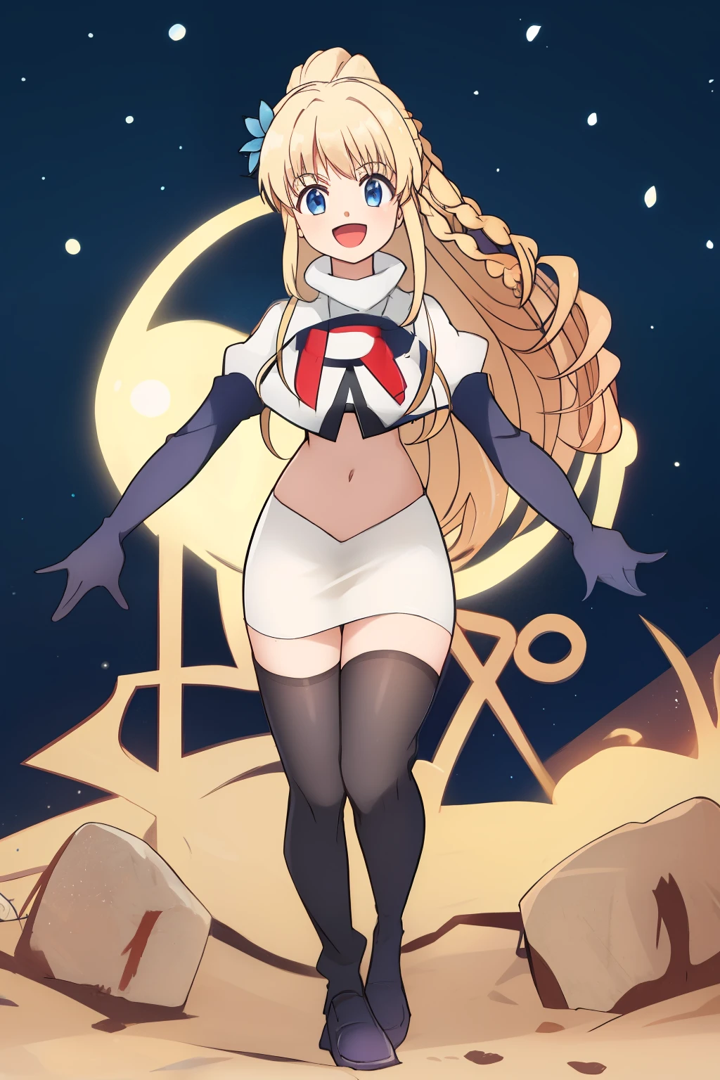luna, 1girl, solo, long_hair, bangs, blue_eyes, blonde_hair, hair_ornament, ponytail, braid, flower, :d, hair_flower, blue_flower, team rocket,team rocket uniform, red letter R, white skirt,white crop top,black thigh-highs ,black elbow gloves