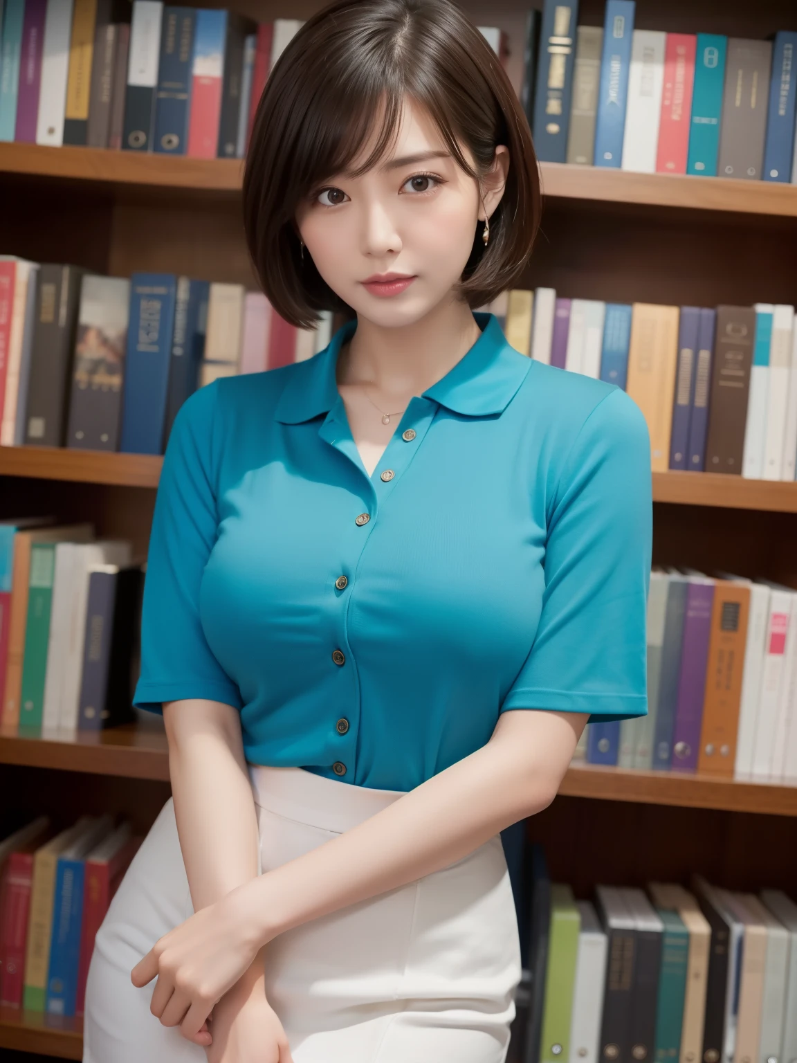 ((masterpiece))、((highest quality))、photograph、reality、High level image quality、Advanced depth of field、become familiar with、realistic lighting、secretary、40 years old、delicate facial features、short hair、Realistic background and accessories、big and full breasts、sexy lips、library、Tight collar T-shirt that clings to the chest、wide shot、walk between bookshelves、Tight Skirt、thighs、embarrassed face、
