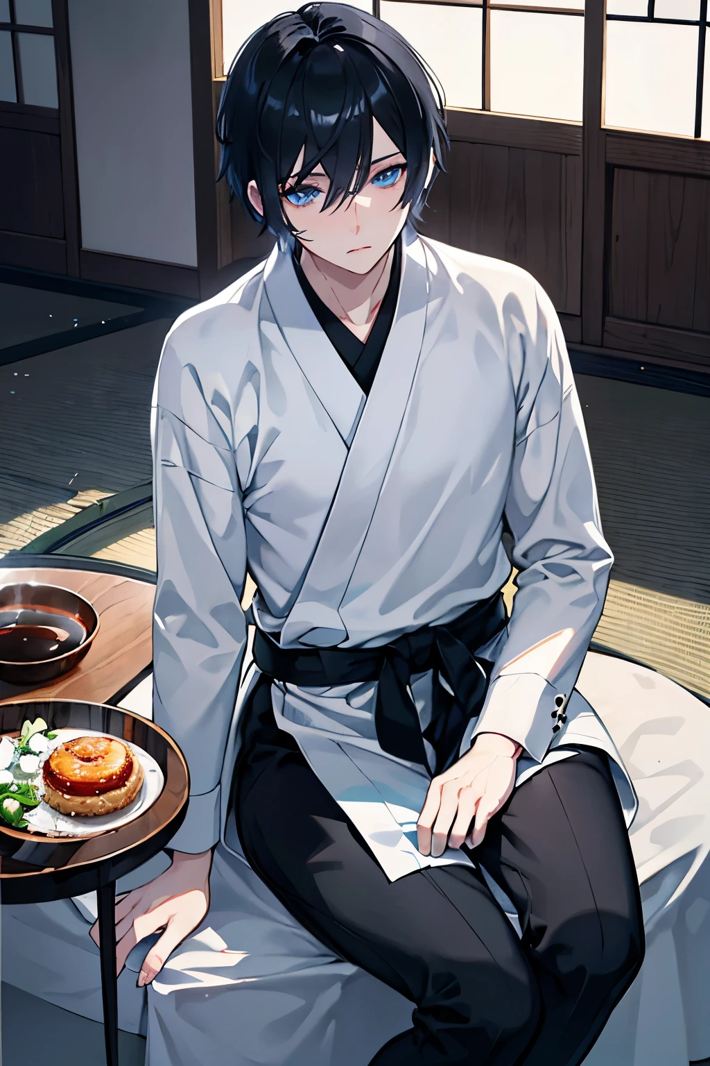 male　black hair　blue eyes　very short hair　one person　White Cutter　slacks　black long boots　cool　sit and drink tea 　Japanese-style house　table　masterpiece　Highest image quality　noise removal　clear parts 　cinematic shadow　Increases the attractiveness of the eyes　clear parts the shine of the eyes　draw eyelashes neatly　perfect eyes　detailed eyes　sharpen image quality　sharpen eye writing　clear parts eye shape