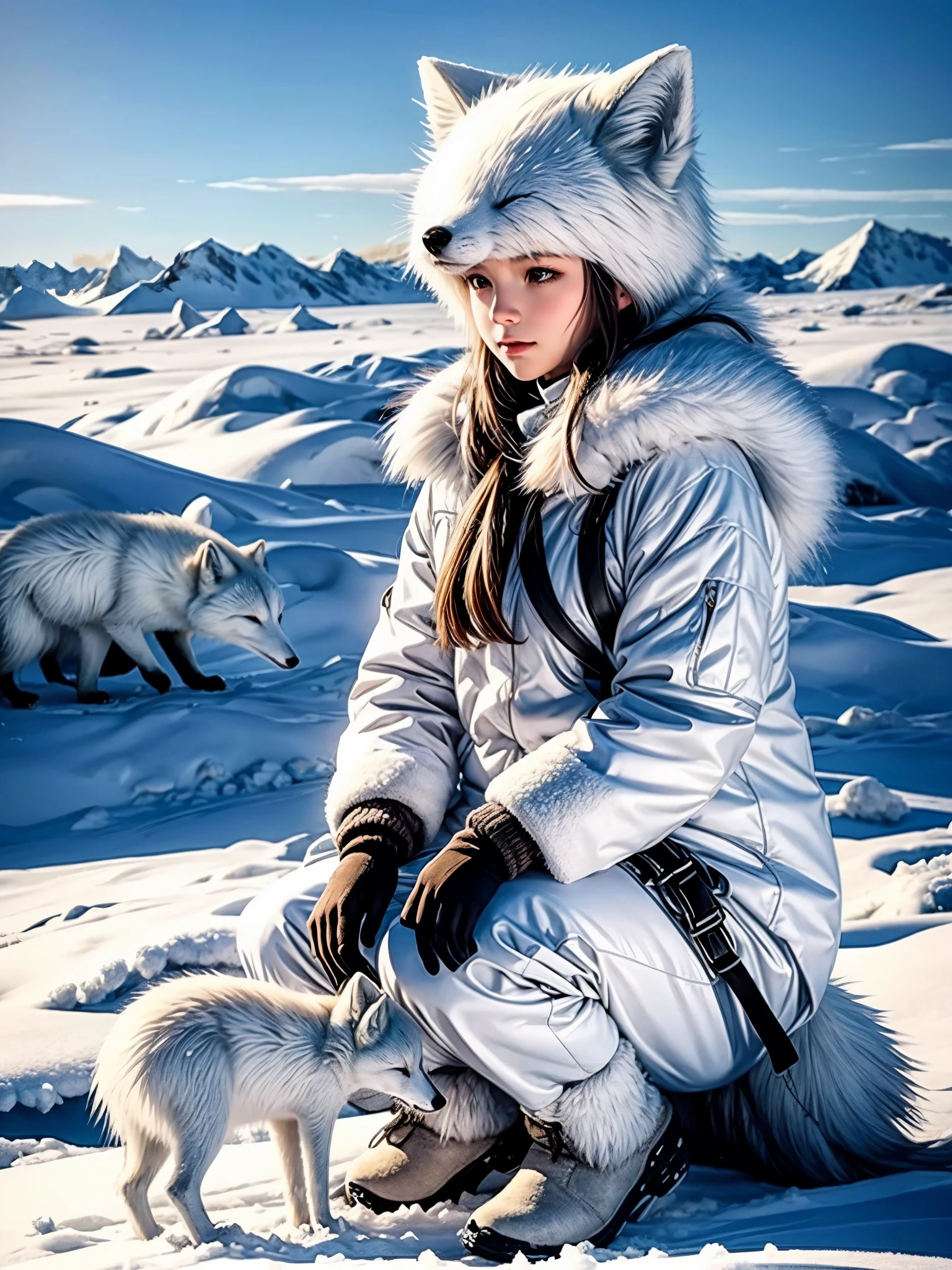girl plying with arctic fox, snowy landscape