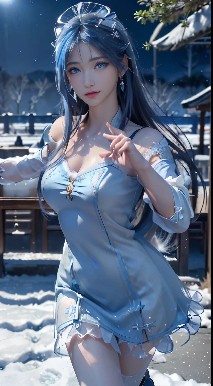 (logo, masterpiece, 8k, table top, RAW photo, wonderful, 最high quality, Photorealistic and hvery detailed CG integrated 8k wallpaper, high quality, very detailed, Narrative poem, particle effects, dynamic effects, written boundary depth, cinematic light, Lens flare, ray tracing)), fantasy, ((1 beautiful woman, clear blue eyes, 赤いlong hair, beautiful face, real face, beautiful detailed eyes, beautiful skin, woman dancing gracefully:1.7, woman dancing gracefully:1.7)), 長い赤い髪がWindでなびく, long red hair bounces, 長い赤い髪がWindで踊る, hair jump, jewelry, tattoo, Hanfu, chinese fairy, taoist uniform, silver earrings, ((night, Wind, darkness, full moon, night空, 雪とhoarfrost, very cold winter day, snow-capped mountainや森, hoarfrost, snow-capped mountain々, The beauty and brilliance of frost-covered trees, The tranquility and beauty of a world of ice and snow)), hip up, beautiful eyes, long hair, ring-shaped eyes
