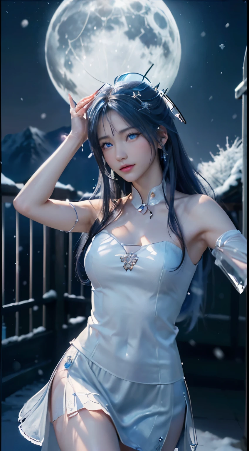 (logo, masterpiece, 8k, table top, RAW photo, wonderful, 最high quality, Photorealistic and hvery detailed CG integrated 8k wallpaper, high quality, very detailed, Narrative poem, particle effects, dynamic effects, written boundary depth, cinematic light, Lens flare, ray tracing)), fantasy, ((1 beautiful woman, clear blue eyes, 赤いlong hair, beautiful face, real face, beautiful detailed eyes, beautiful skin, woman dancing gracefully:1.7, woman dancing gracefully:1.7)), 長い赤い髪がWindでなびく, long red hair bounces, 長い赤い髪がWindで踊る, hair jump, jewelry, tattoo, Hanfu, chinese fairy, taoist uniform, silver earrings, ((night, Wind, darkness, full moon, night空, 雪とhoarfrost, very cold winter day, snow-capped mountainや森, hoarfrost, snow-capped mountain々, The beauty and brilliance of frost-covered trees, The tranquility and beauty of a world of ice and snow)), hip up, beautiful eyes, long hair, ring-shaped eyes