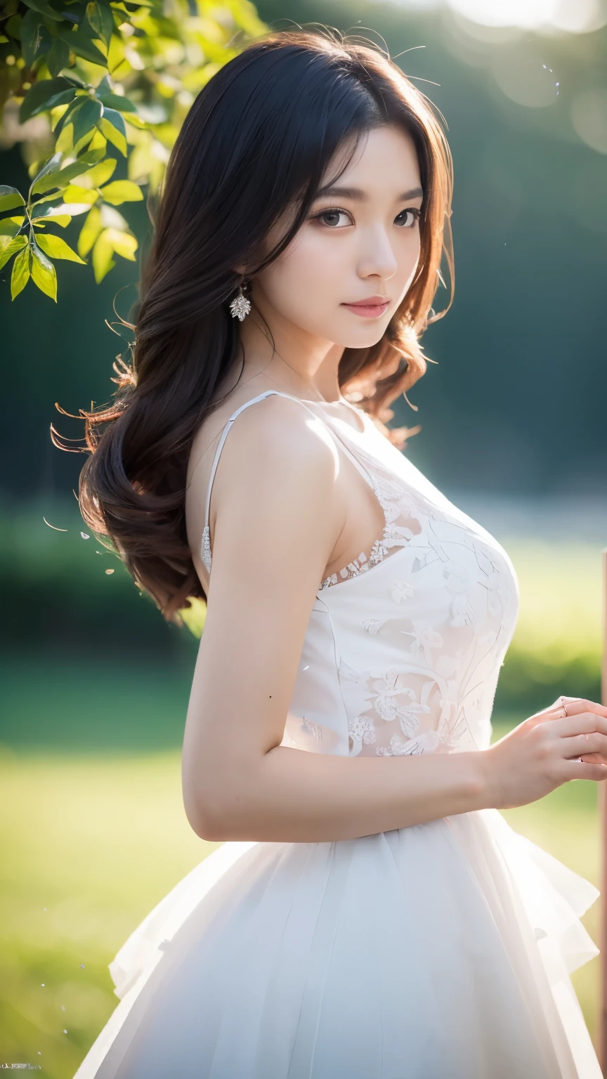 (logo、masterpiece、8k、table top、RAW photo、wonderful、最high quality、フォトリアリスティックでvery detailedな CG 統合 8k 壁紙、high quality、very detailed、Narrative poem、particle effects、dynamic effects、written boundary depth、cinematic light、Lens flare、ray tracing)、fantasy、 (1 beautiful woman、dress、白いdress、white dress、black haired、beautiful face、real face、beautiful details eyes beautiful skin)、髪がWindで踊る、Hair flutters in Wind、hair jump、pink cherry tree、petals dance、SakuraFubuki、wonderful景色、sunrise、sun on background、Wind
