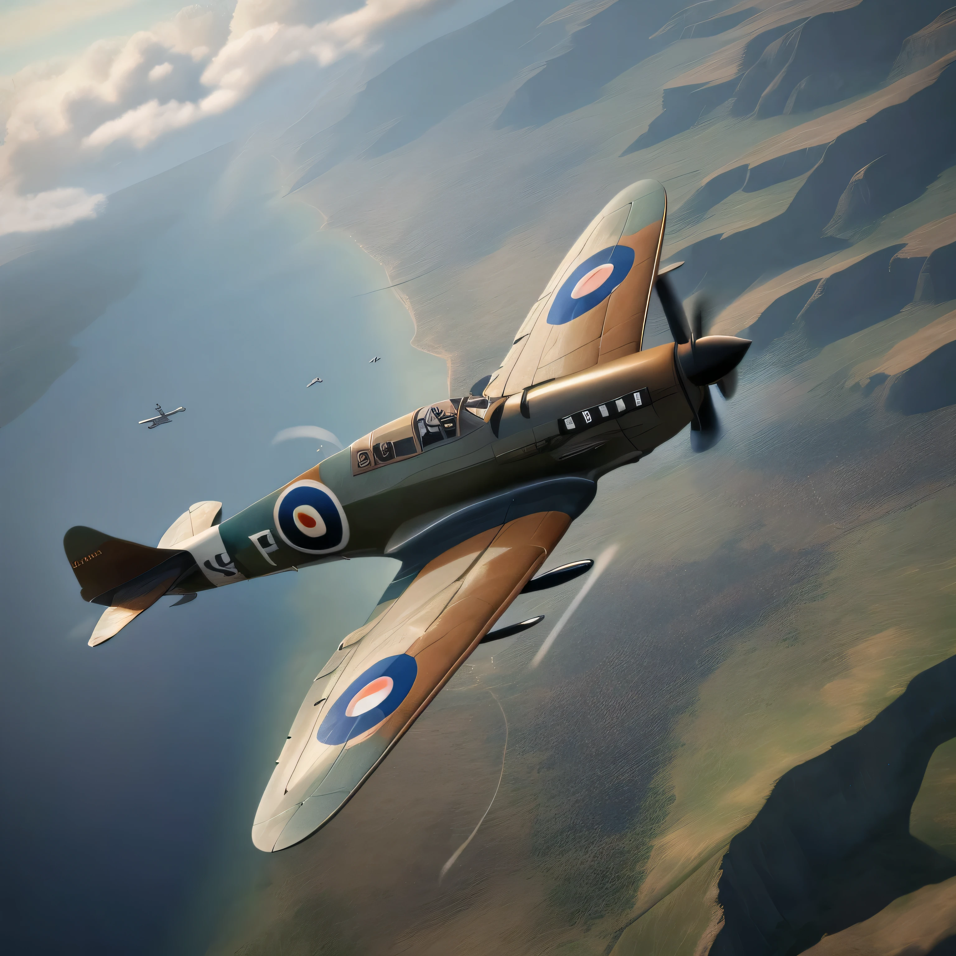 there is a small plane flying over a large body of water, spitfire, cg art, by Bob Ringwood, war thunder game, by Derek Hill, beautiful digital artwork, by Howard Lyon, by Trevor Brown, by Wayne England, by Tom Scott RSA, stunning digital illustration, 4k highly detailed digital art, hd art, by Glennray Tutor, by Richard Mayhew