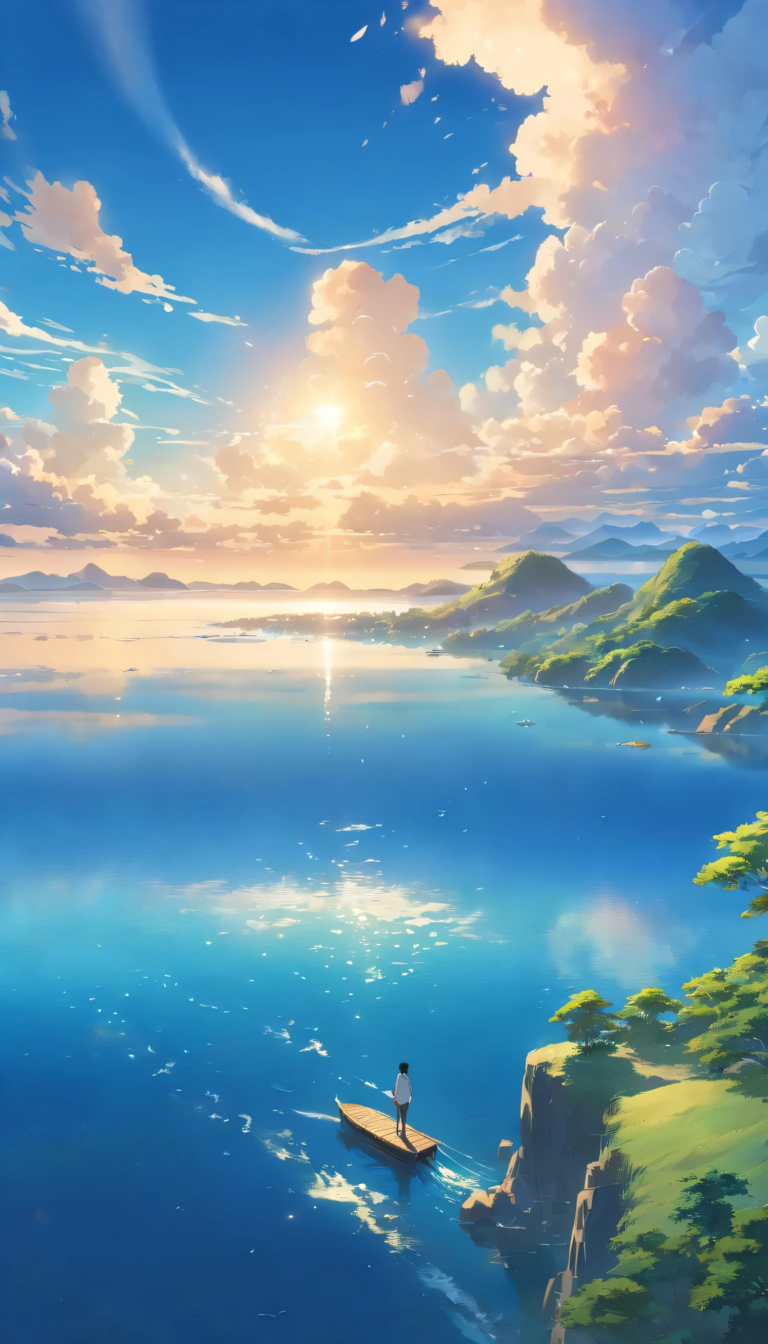 (high quality, masterpiece:1.2), (movie stills), (19-year-old man) sitting on the clouds above the sea, (dream-like atmosphere), (detailed clouds and water), (realistic, photorealistic:1.37), (vibrant colors), (soft lighting), (gentle breeze), (serene expression), (magical scenery), (ethereal landscape), (distant horizon), (transcendent mood), (golden sunlight), (subtle reflections), (impeccable composition), (dynamic perspective), (floating sensation), (peaceful ambiance), (fantasy elements), (harmonious color palette), (silhouette of distant islands), (whimsical details), (sublime tranquility), (hidden secrets), (subtle textures), (immersive experience), (fine art aesthetics), (captivating atmosphere), (magical realism), (awe-inspiring), (unforgettable), (eternal beauty).