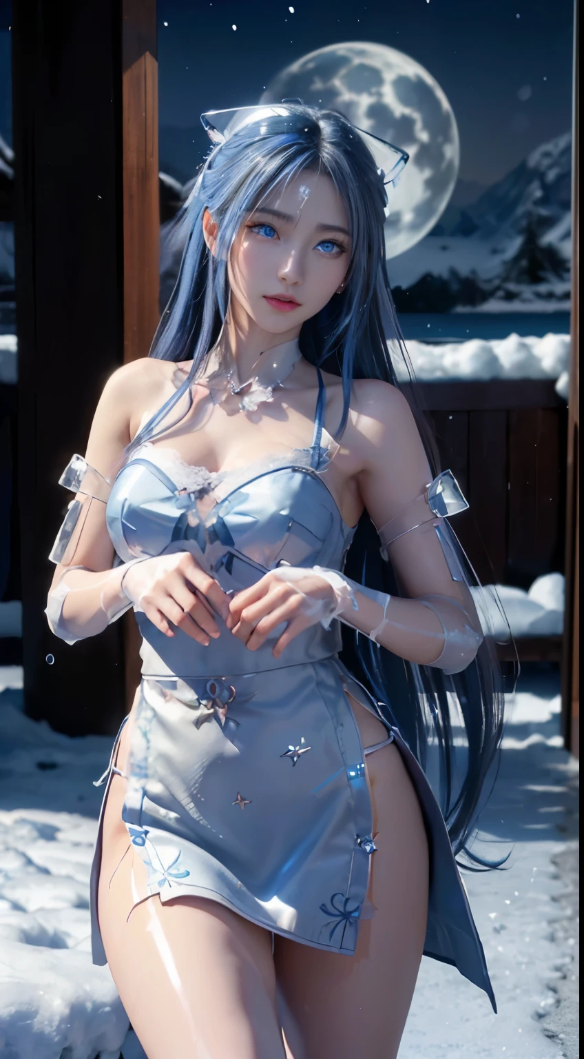 (logo, masterpiece, 8k, table top, RAW photo, wonderful, 最high quality, Photorealistic and hvery detailed CG integrated 8k wallpaper, high quality, very detailed, Narrative poem, particle effects, dynamic effects, written boundary depth, cinematic light, Lens flare, ray tracing)), fantasy, ((1 beautiful woman, clear blue eyes, 銀色のlong hair, beautiful face, real face, beautiful detailed eyes, beautiful skin, woman dancing gracefully:1.7, woman dancing gracefully:1.7)), long hairがWindでなびく, long hairが跳ねる, long hairがWindで踊る, hair jump, jewelry, tattoo, Hanfu, chinese fairy, taoist uniform, silver earrings, ((night, Wind, darkness, full moon, night空, 雪とhoarfrost, very cold winter day, snow-capped mountainや森, hoarfrost, snow-capped mountain々, The beauty and brilliance of frost-covered trees, The tranquility and beauty of a world of ice and snow)), hip up, beautiful eyes, long hair, ring-shaped eyes