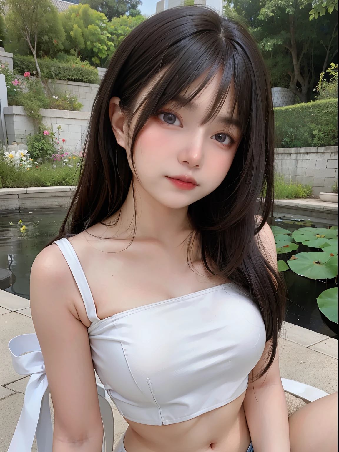 realistic photos of 1 cute Korean star, hair between eyes, white skin, thin makeup, 32 inch breasts size, wearing pink crop top, shorts, sitting at the garden, lotus pond is background, upper body portrait, Hyperrealism, UHD