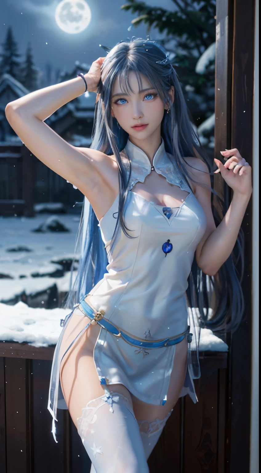 (logo, masterpiece, 8k, table top, RAW photo, wonderful, 最high quality, Photorealistic and hvery detailed CG integrated 8k wallpaper, high quality, very detailed, Narrative poem, particle effects, dynamic effects, written boundary depth, cinematic light, Lens flare, ray tracing)), fantasy, ((1 beautiful woman, clear blue eyes, 赤いlong hair, beautiful face, real face, beautiful detailed eyes, beautiful skin, woman dancing gracefully:1.7, woman dancing gracefully:1.7)), 長い赤い髪がWindでなびく, long red hair bounces, 長い赤い髪がWindで踊る, hair jump, jewelry, tattoo, Hanfu, chinese fairy, taoist uniform, silver earrings, ((night, Wind, darkness, full moon, night空, 雪とhoarfrost, very cold winter day, snow-capped mountainや森, hoarfrost, snow-capped mountain々, The beauty and brilliance of frost-covered trees, The tranquility and beauty of a world of ice and snow)), hip up, beautiful eyes, long hair, ring-shaped eyes