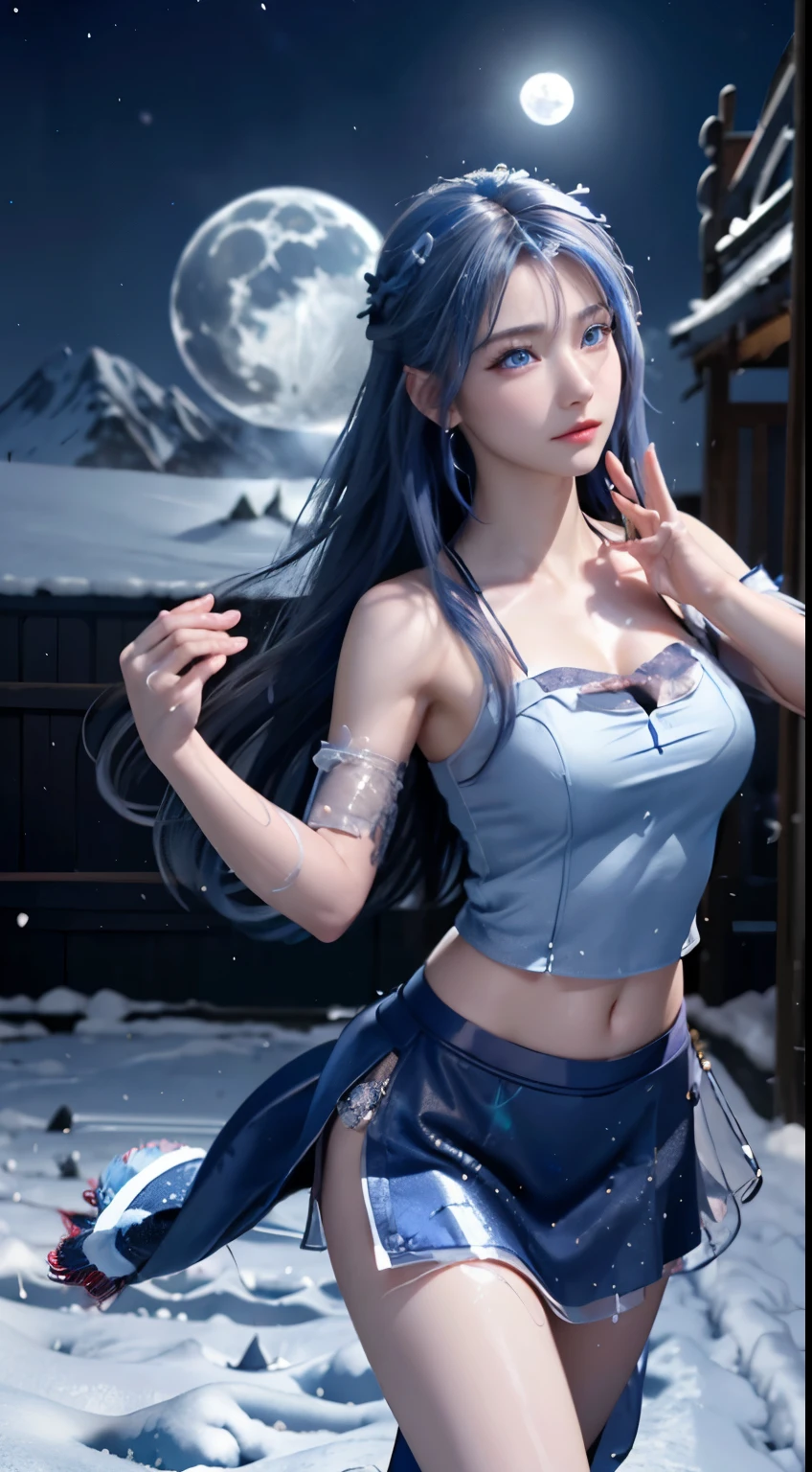 (logo, masterpiece, 8k, table top, RAW photo, wonderful, 最high quality, Photorealistic and hvery detailed CG integrated 8k wallpaper, high quality, very detailed, Narrative poem, particle effects, dynamic effects, written boundary depth, cinematic light, Lens flare, ray tracing)), fantasy, ((1 beautiful woman, clear blue eyes, 銀色のlong hair, beautiful face, real face, beautiful detailed eyes, beautiful skin, woman dancing gracefully:1.7, woman dancing gracefully:1.7)), long hairがWindでなびく, long hairが跳ねる, long hairがWindで踊る, hair jump, jewelry, tattoo, Hanfu, chinese fairy, taoist uniform, silver earrings, ((night, Wind, darkness, full moon, night空, 雪とhoarfrost, very cold winter day, snow-capped mountainや森, hoarfrost, snow-capped mountain々, The beauty and brilliance of frost-covered trees, The tranquility and beauty of a world of ice and snow)), hip up, beautiful eyes, long hair, ring-shaped eyes