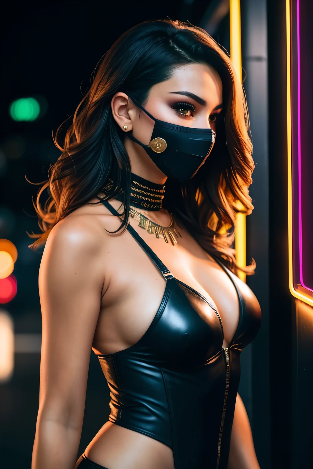 Photo of a sexy brunette woman, seductive cyberpunk, ((Detailed face:1.2)), ((detailed facial features)),, finely detailed skin, olive toned, , wearing a mask and a leather outfit, Indoor environment, Leaning against a neon-lit wall, (vibrant coloroist, reflective surface, Reflectorasutepiece) (perfectly proportions)(photos realistic)(Best Quality) (Detailed) photographed in a Canon EOS R6, 35mm Lens, F/1.8, nffsw, (8K) (Wallpaper), Cyberpunk style, from the side