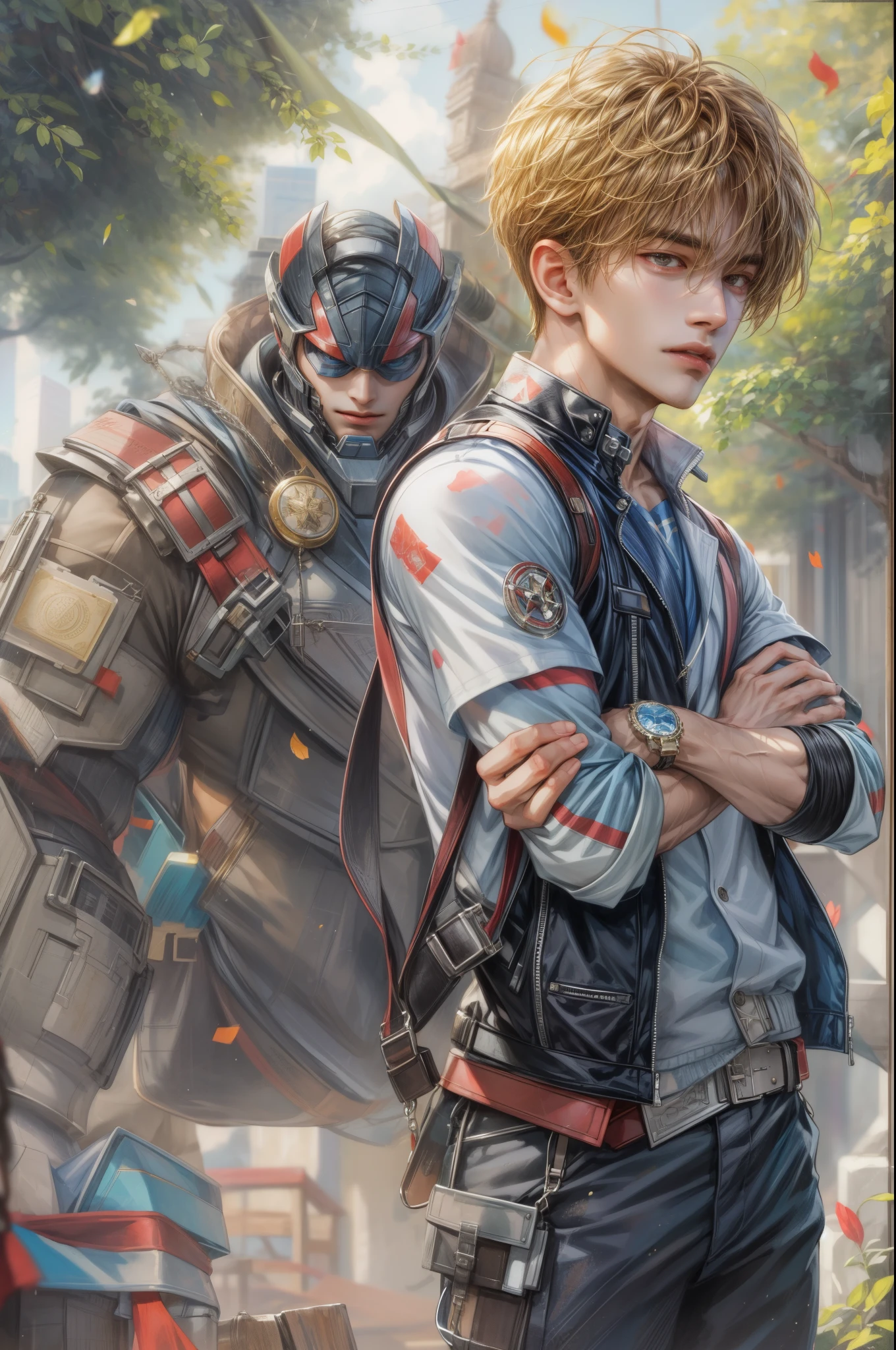 masterpiece, best quality, half body picture of 1 boy, young handsome boy, character from Marvel, handsome face, detailed scenery bg
